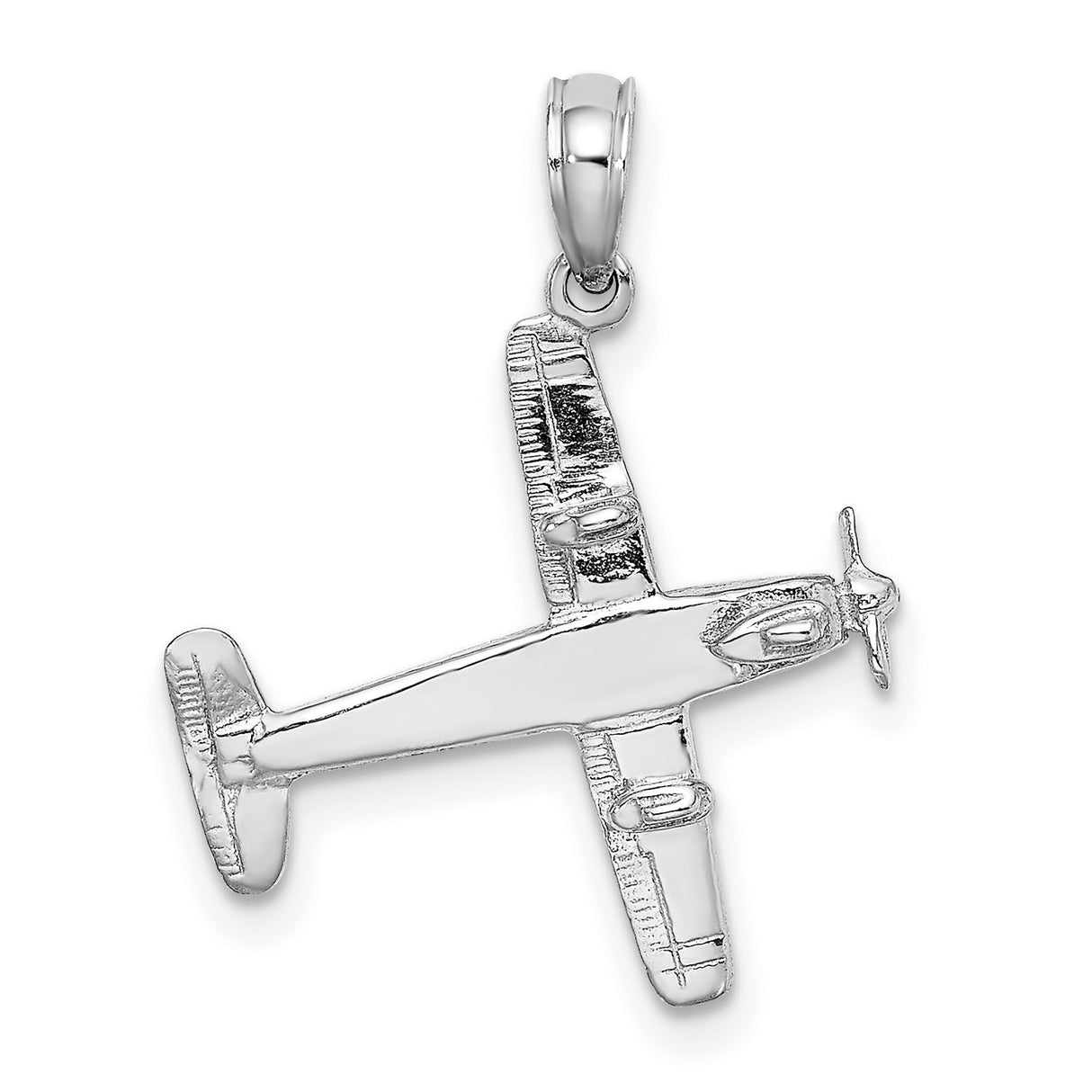 14k White Gold Airplane Pendant with Detailed Propeller Aircraft Design for Men or Unisex