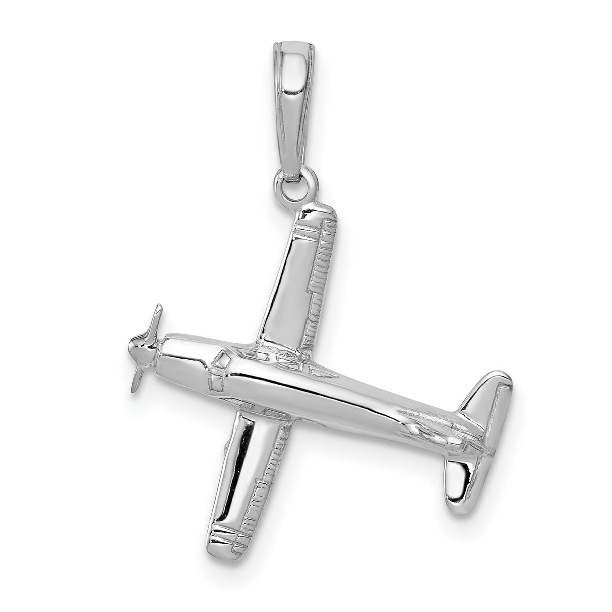 14k White Gold Airplane Pendant with Detailed Propeller Aircraft Design for Men or Unisex