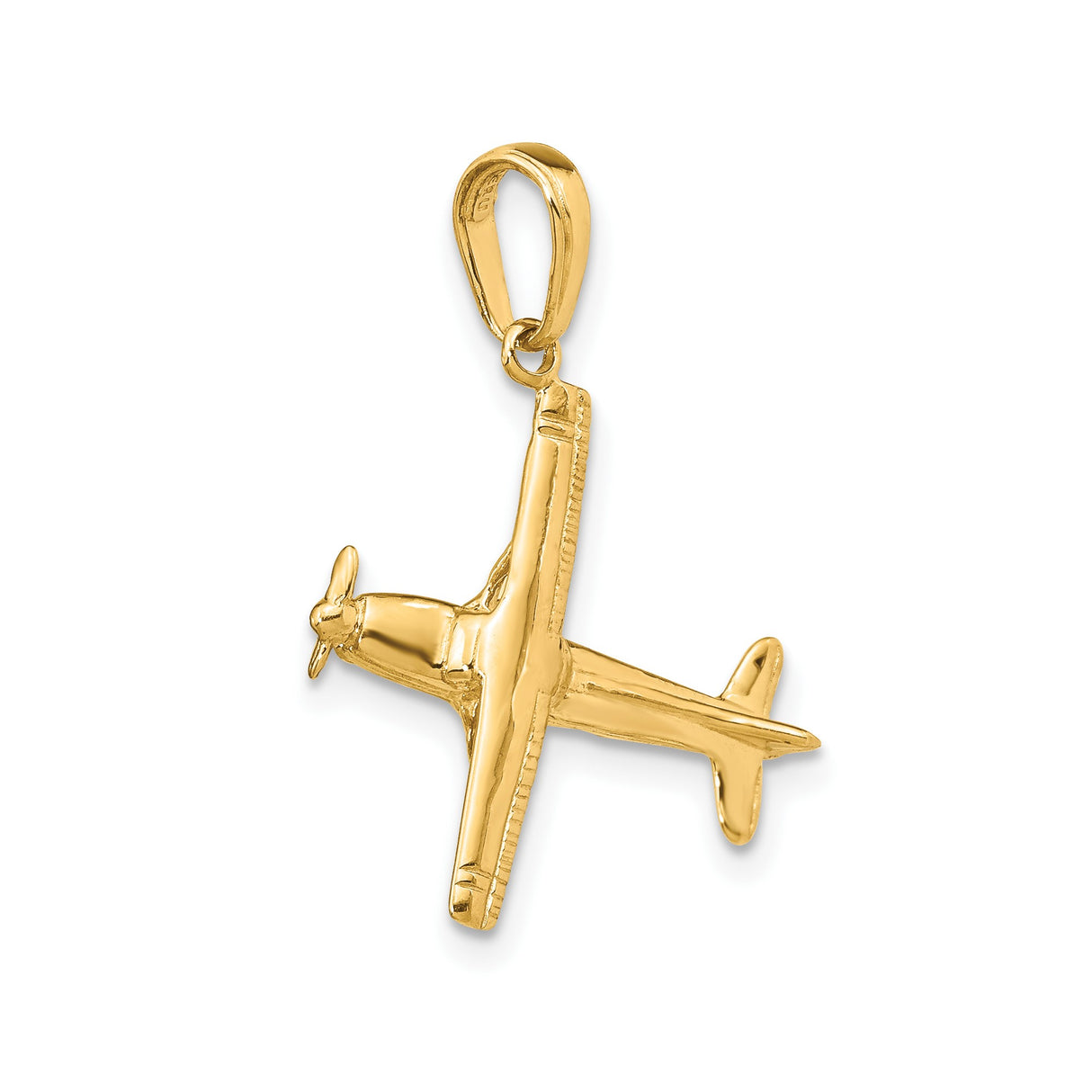 14k Yellow Gold Airplane Pendant with 3D High Wing Propeller Aircraft Design