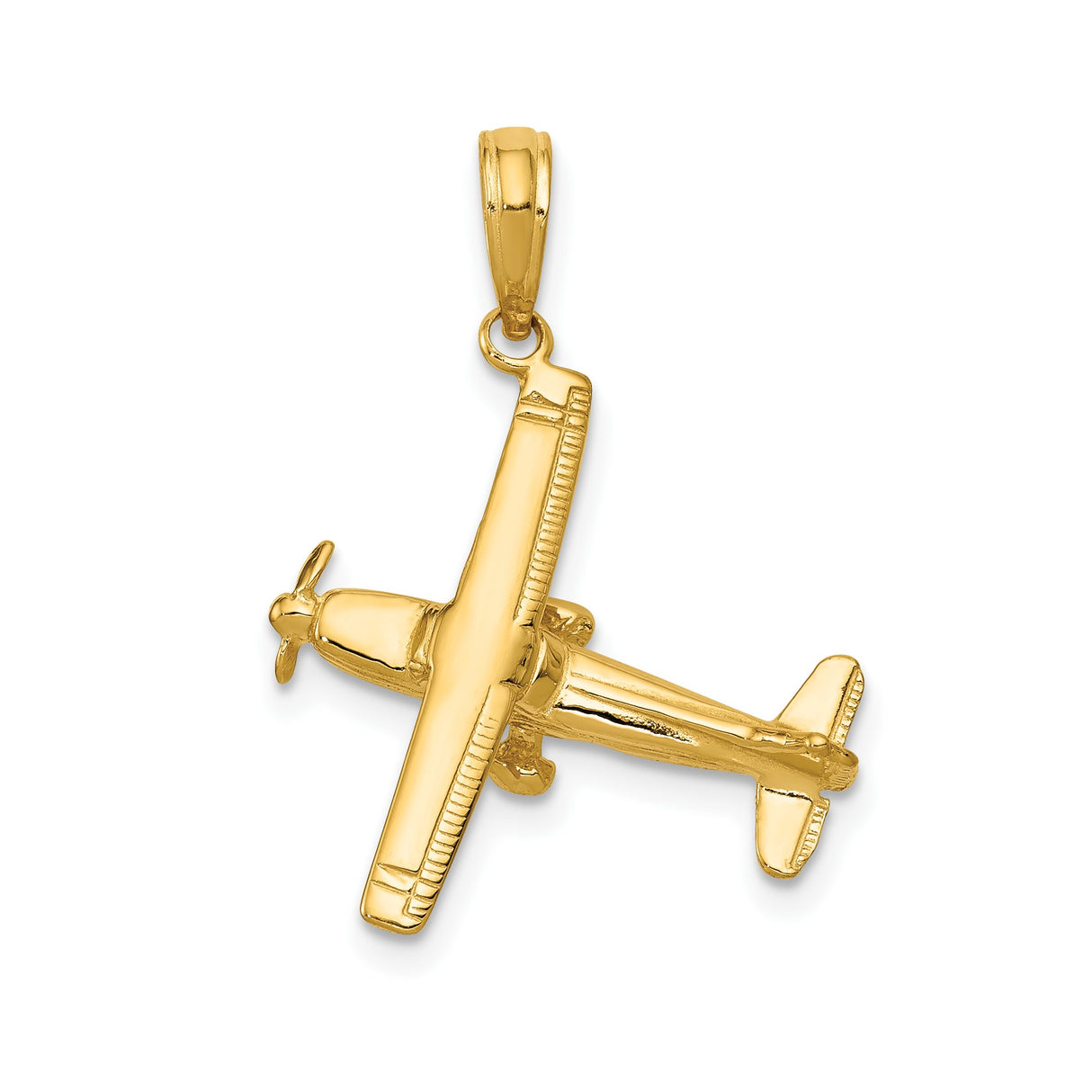 14k Yellow Gold Airplane Pendant with 3D High Wing Propeller Aircraft Design