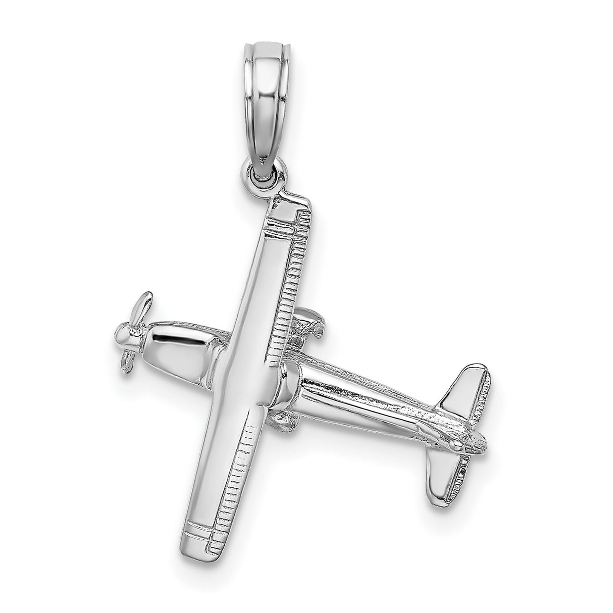 14k White Gold Airplane Pendant Charm with Detailed Propeller Design, Aviation Jewelry