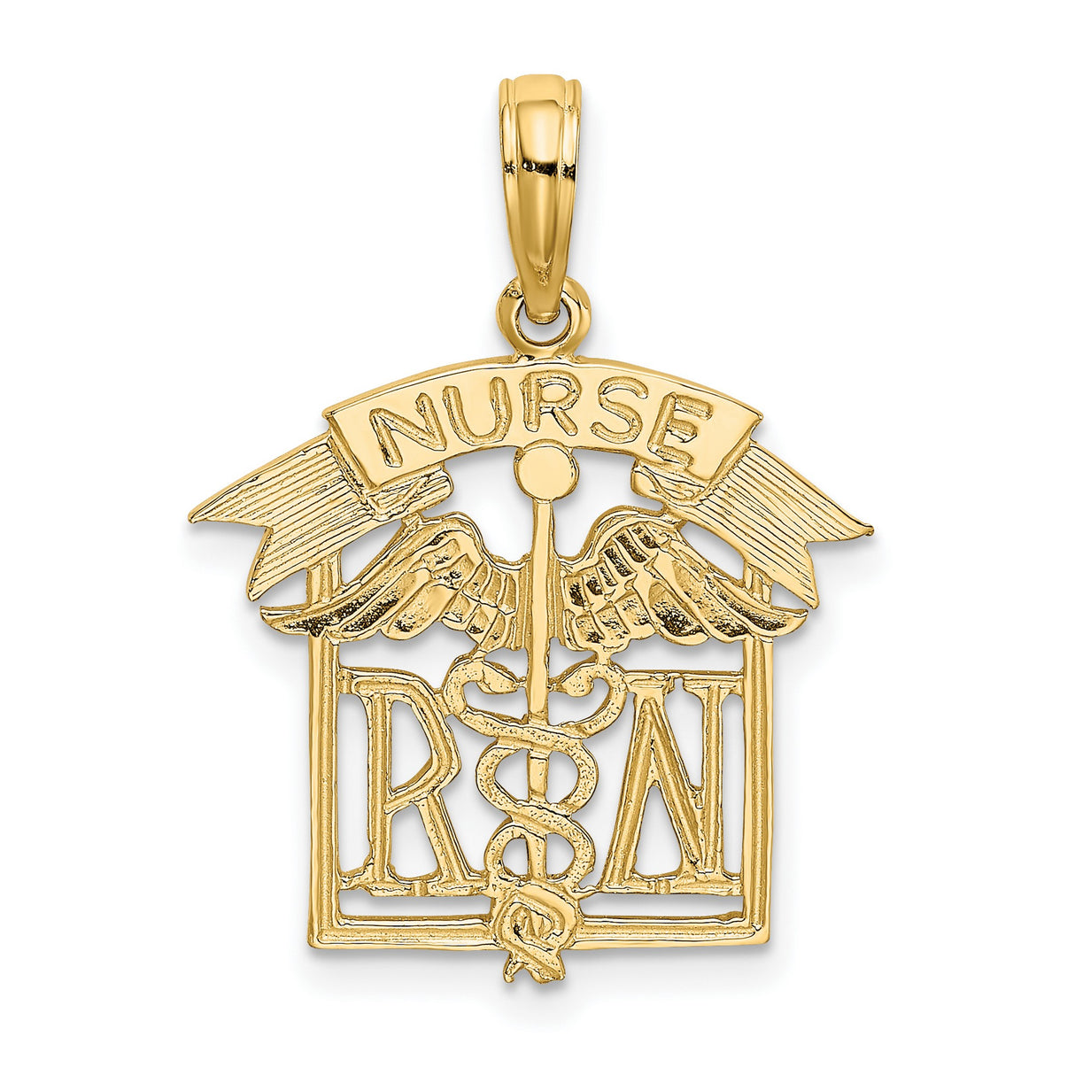 14k Yellow Gold RN Nurse Pendant with Caduceus Symbol and Wings Charm