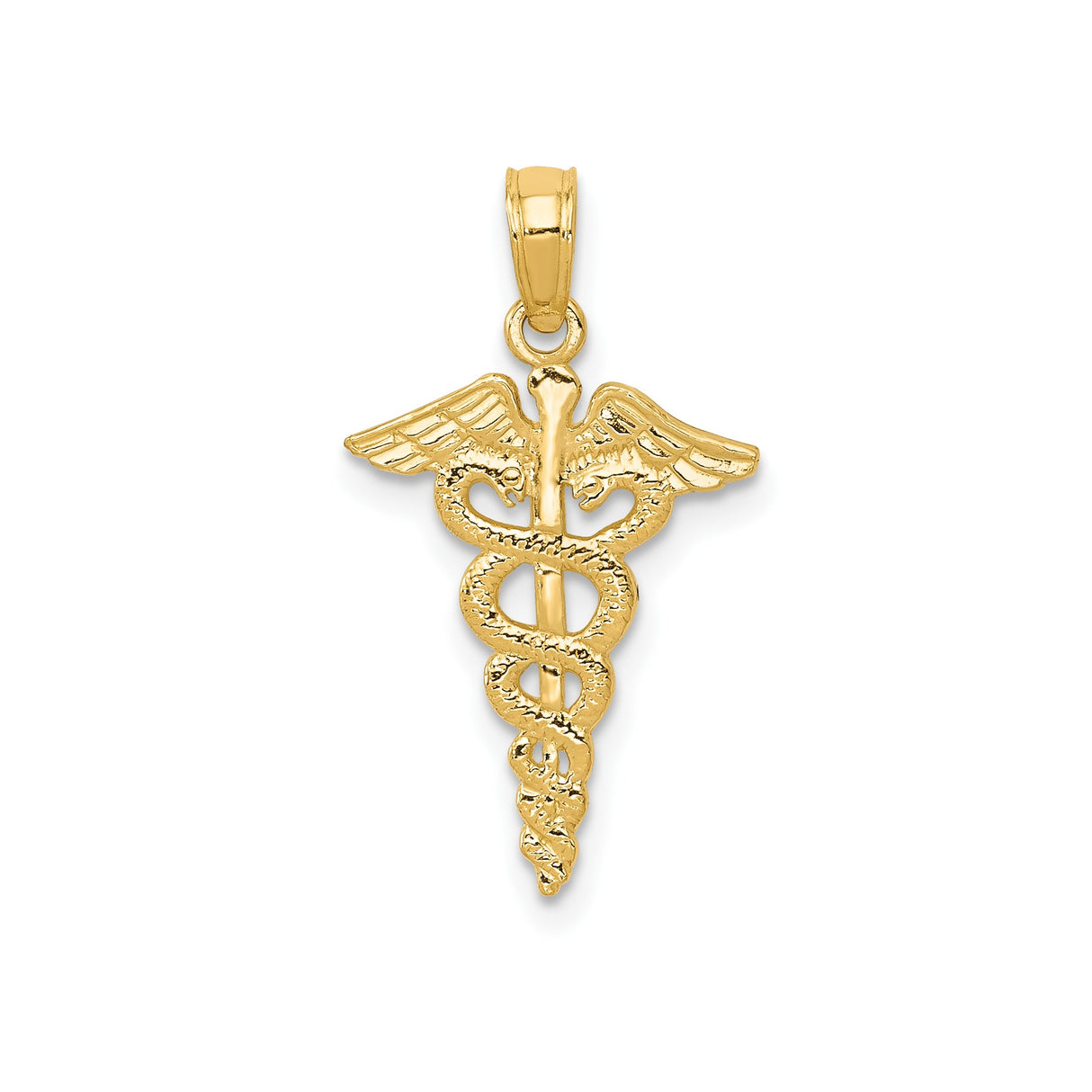 14k Yellow Gold Caduceus Pendant with Winged Staff and Two Snakes, Medical Symbol Charm