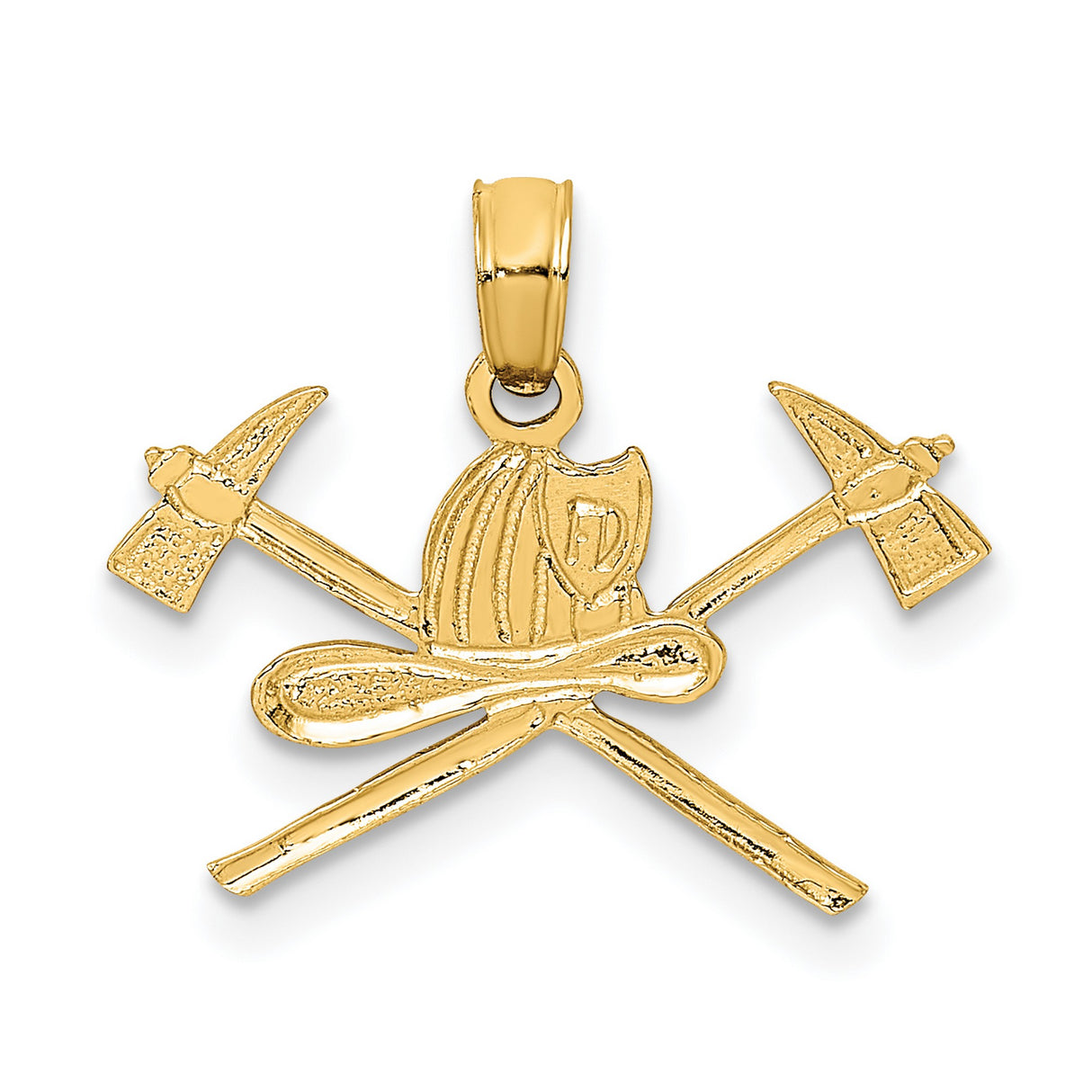 14k Yellow Gold Firefighter Pendant with Helmet, Crossed Axes and Fire Hook