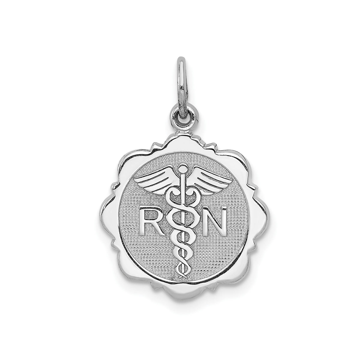 14k White Gold RN Pendant with Caduceus Symbol, Round Disc Medical Charm for Women