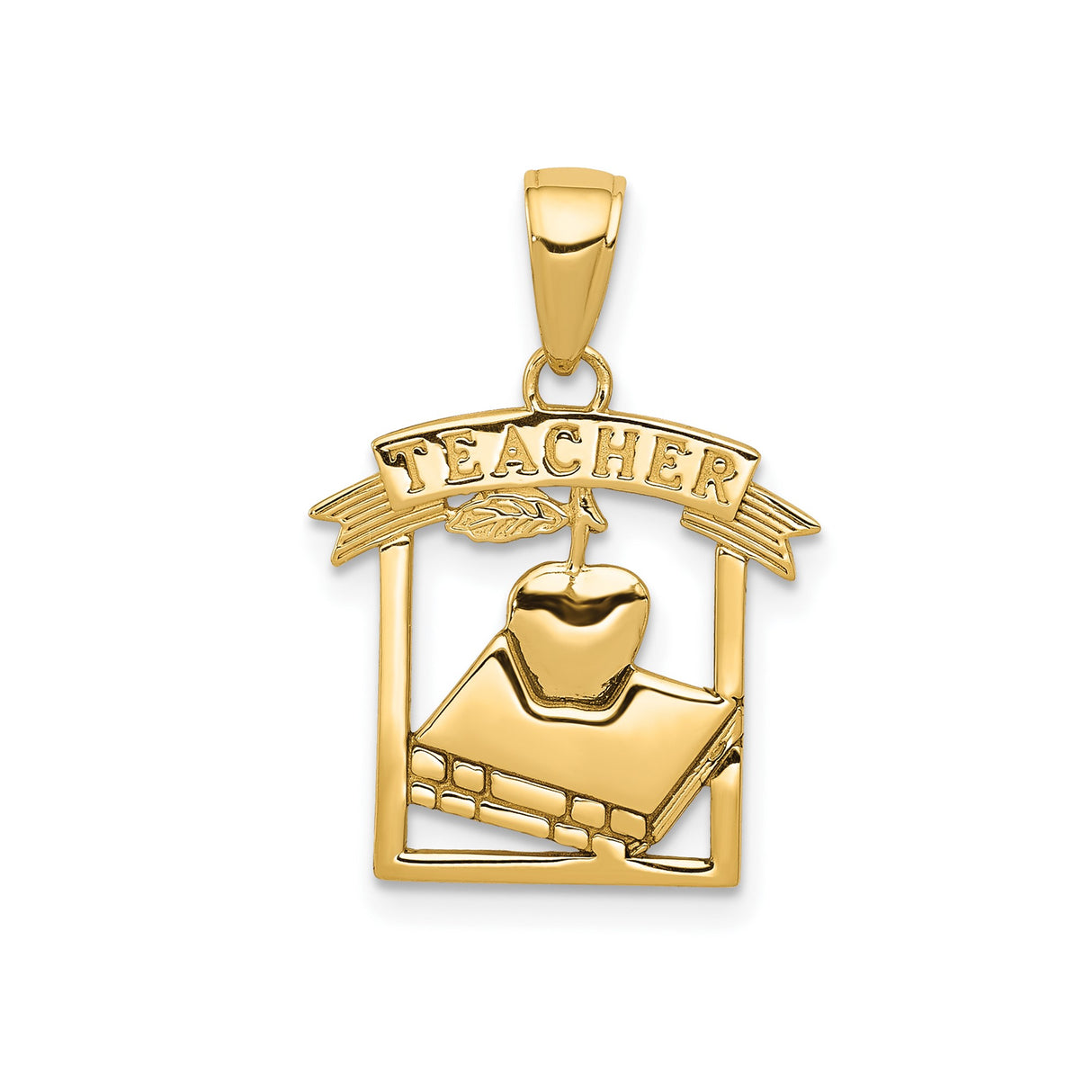 14k Yellow Gold Teacher Pendant with Apple, Book, and Banner Design