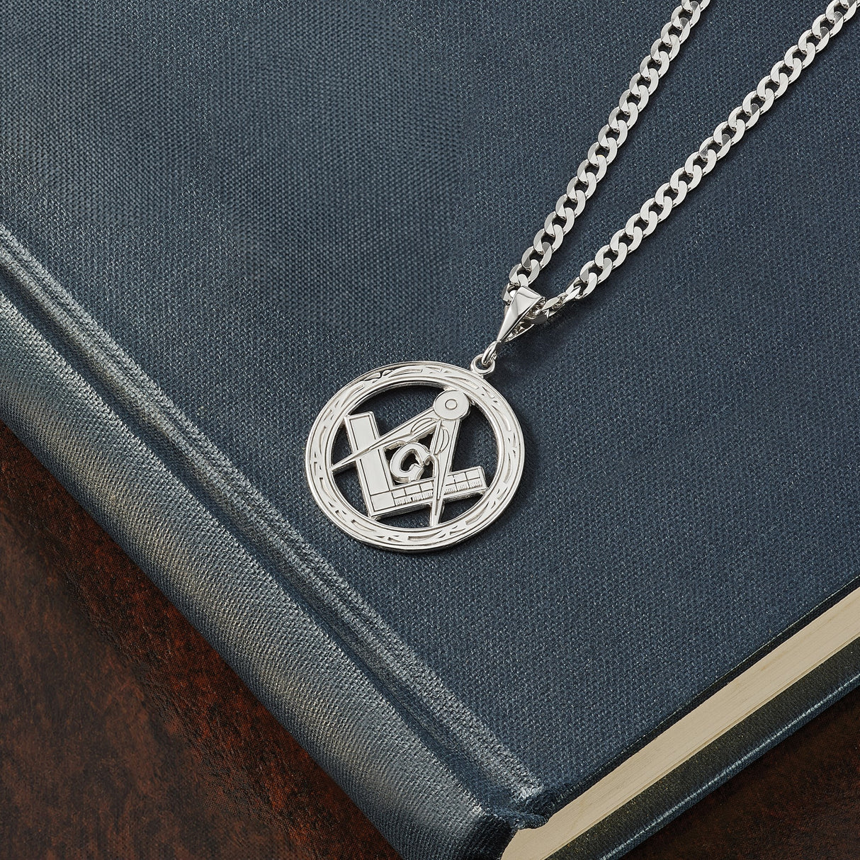 14k White Gold Masonic Pendant with Square and Compass Symbol and Central G Emblem