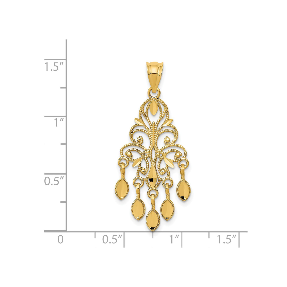 14k Yellow Gold Chandelier Pendant with Filigree Design and Dangling Leaf Drops for Women