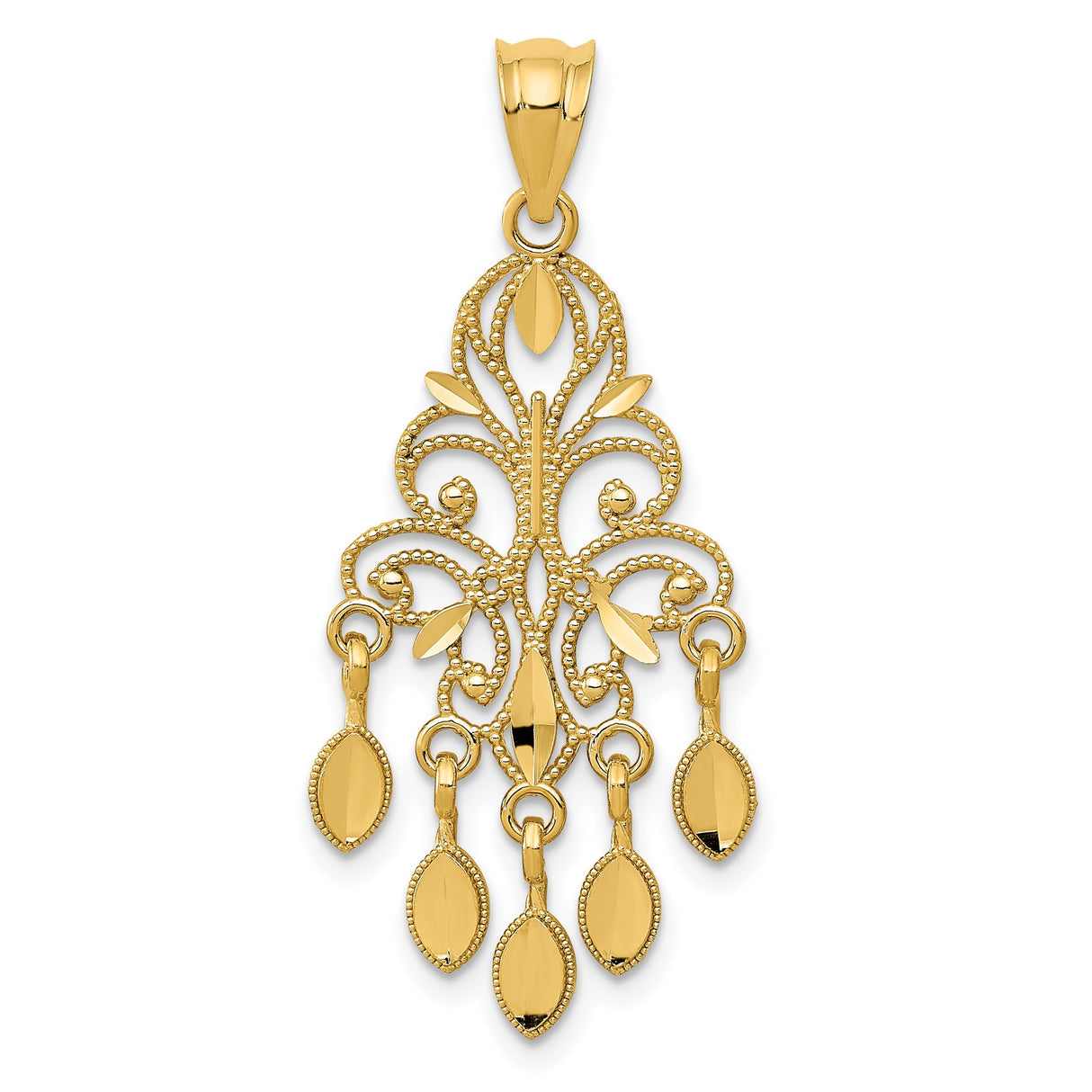 14k Yellow Gold Chandelier Pendant with Filigree Design and Dangling Leaf Drops for Women