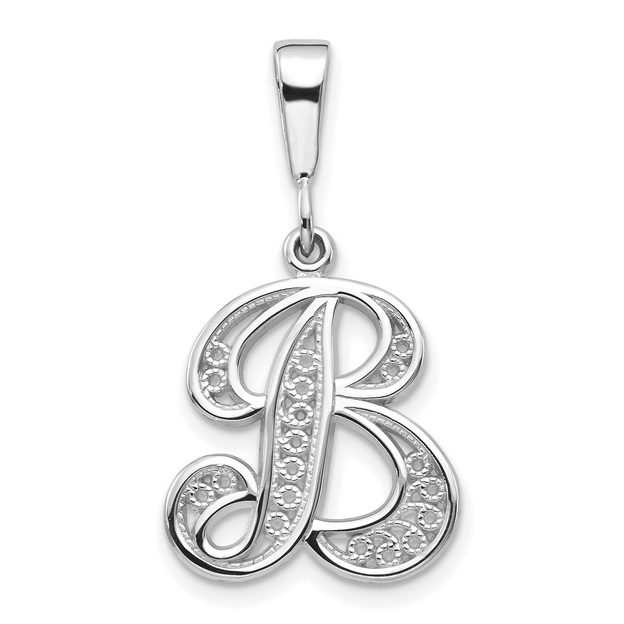 10k White Gold Letter B Pendant with Diamond-Cut Detail, Script Initial Charm for Women