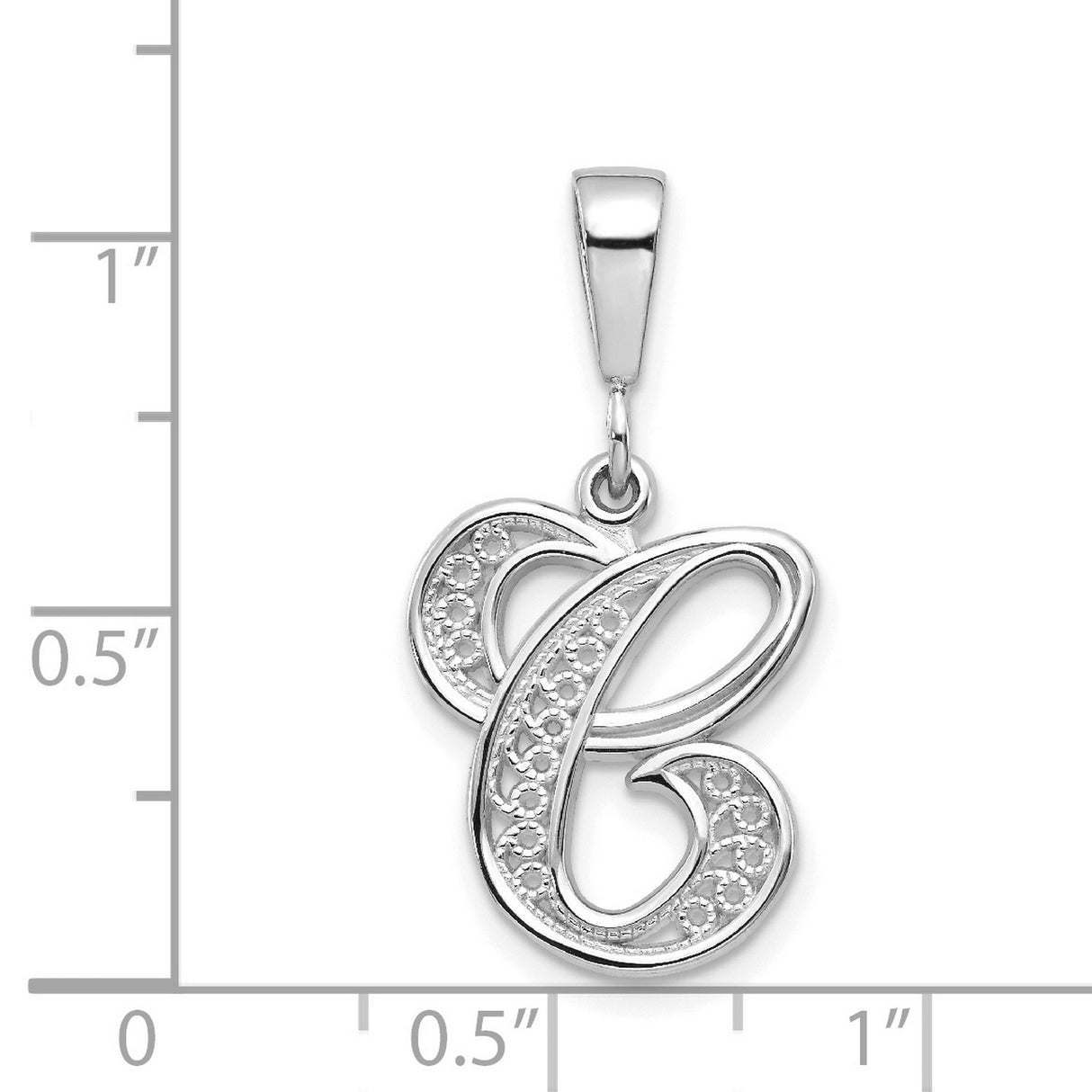 10k White Gold Initial C Pendant, Script Letter Charm with Textured Detailing