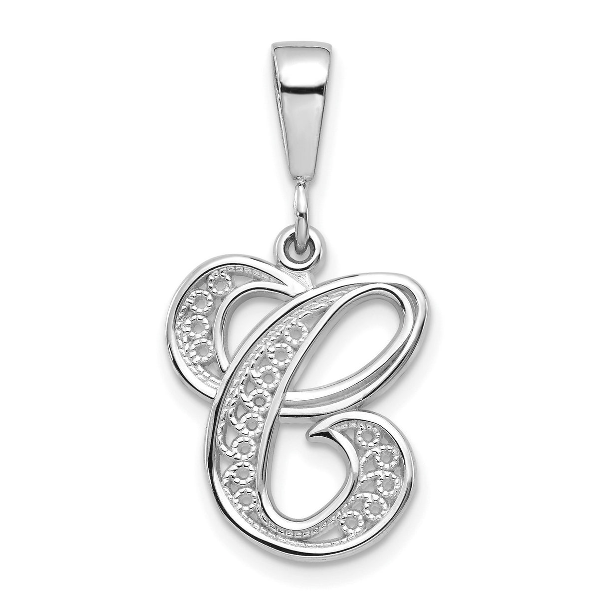 10k White Gold Initial C Pendant, Script Letter Charm with Textured Detailing