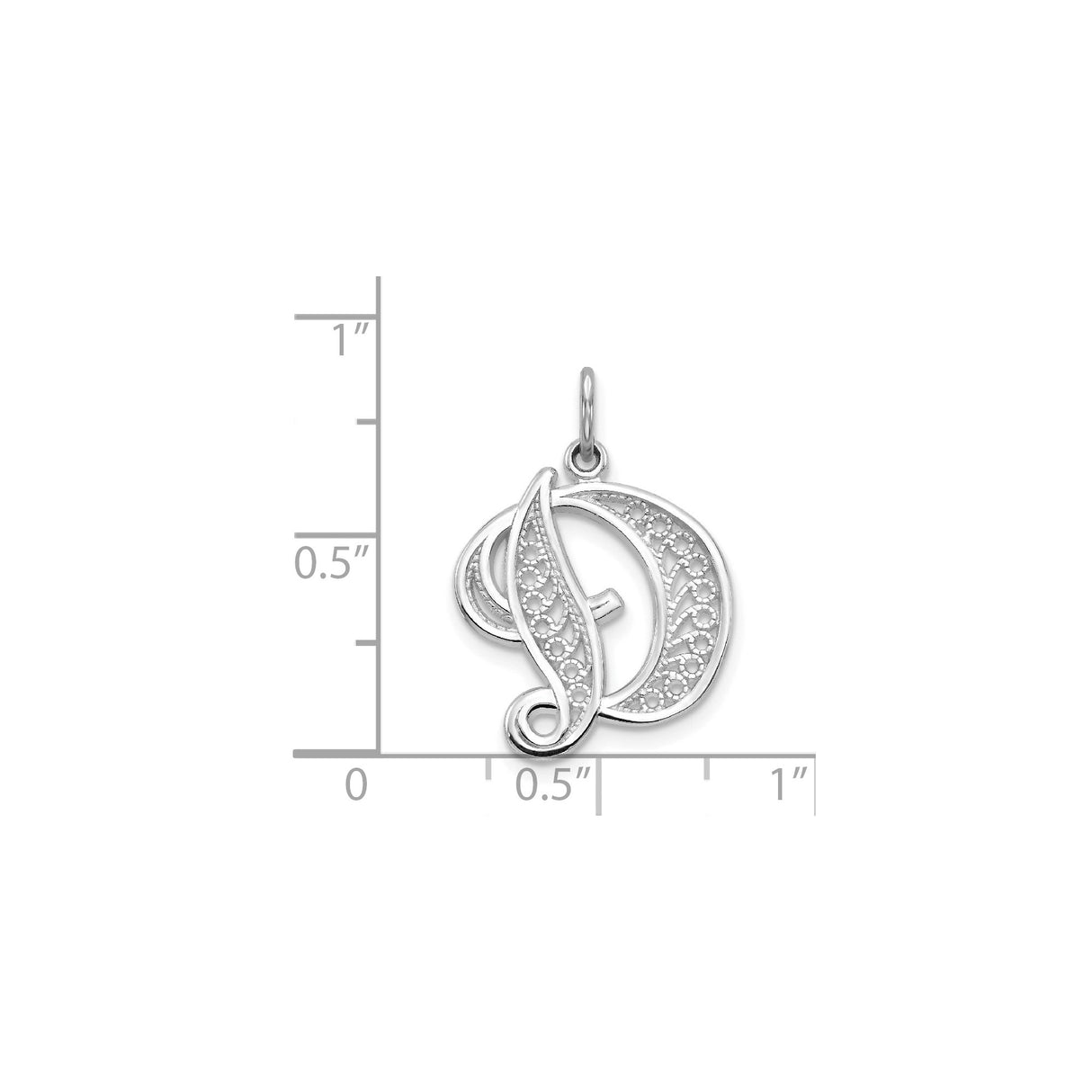 14k White Gold Initial D Pendant with Filigree Script Letter Design Charm