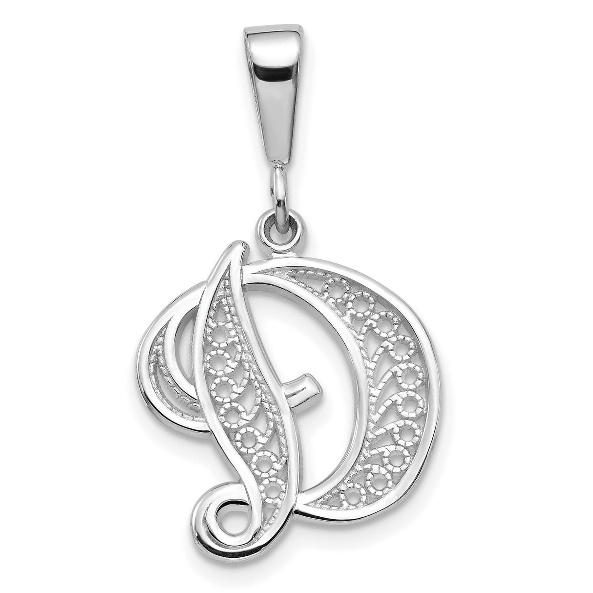 10k White Gold Pendant, Filigree Initial D Alphabet Charm, Lace Monogram Design for Women