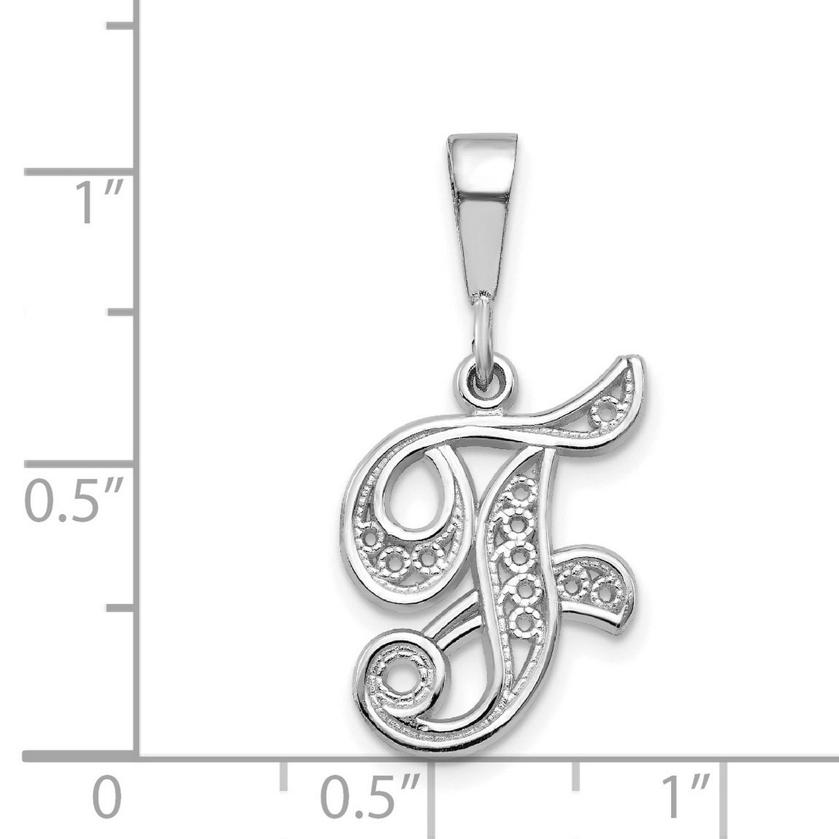 10k White Gold Initial Pendant, Script Letter F Charm with Filigree Design