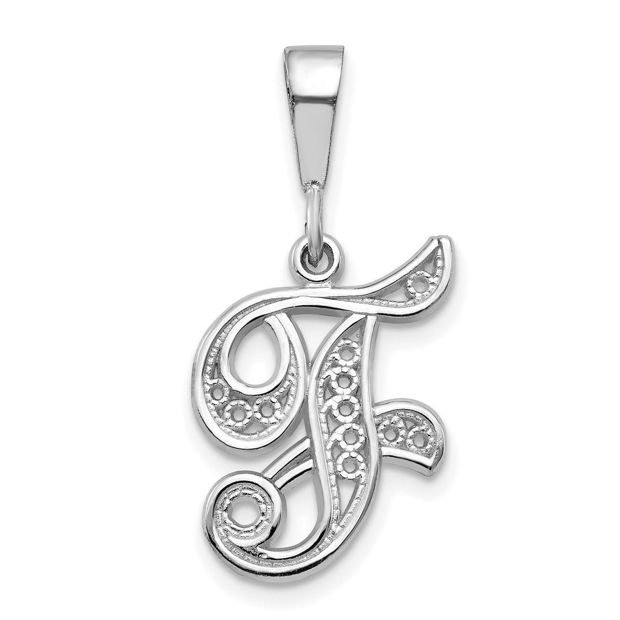 10k White Gold Initial Pendant, Script Letter F Charm with Filigree Design