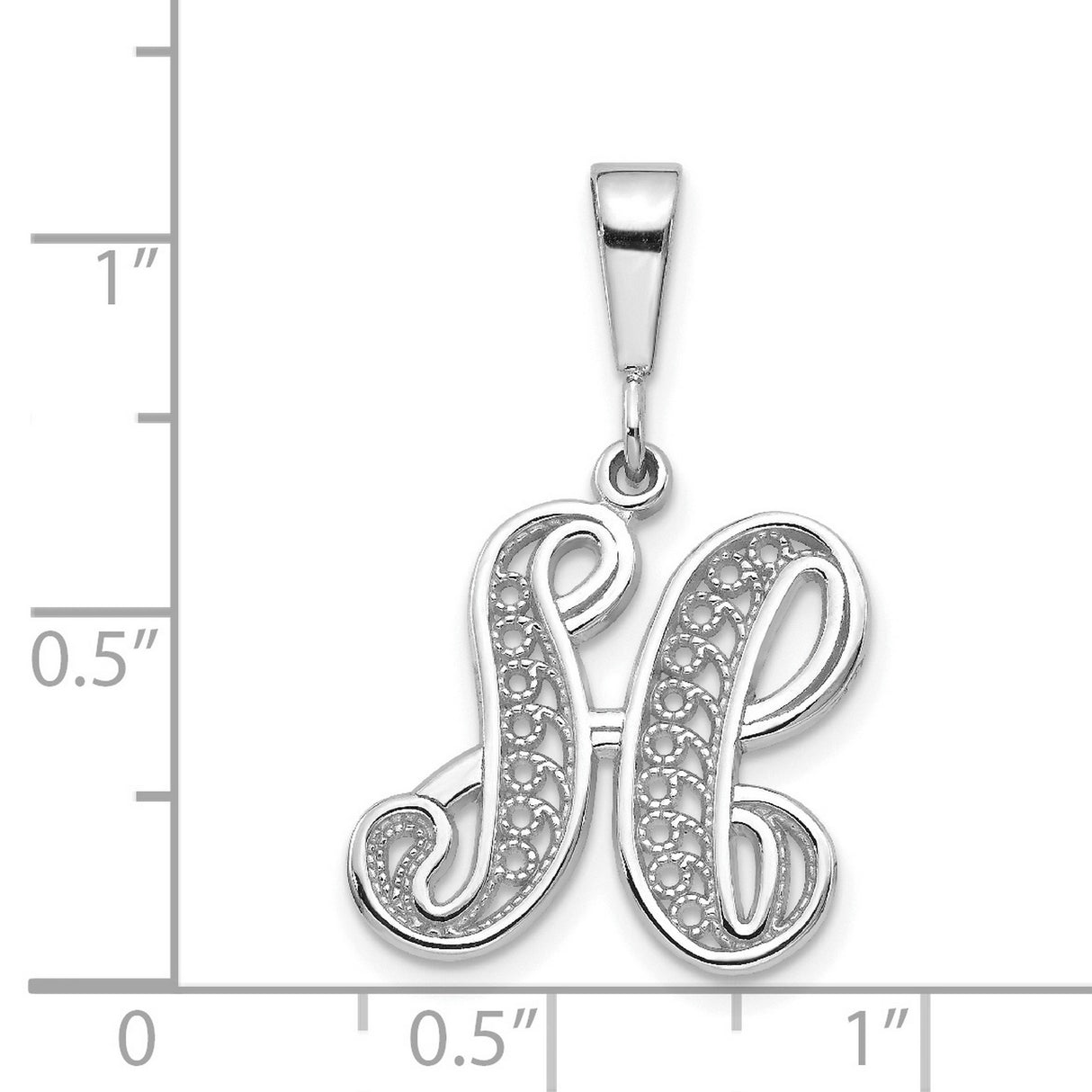 10k White Gold Initial H Pendant, Script Letter Charm with Filigree Design for Women