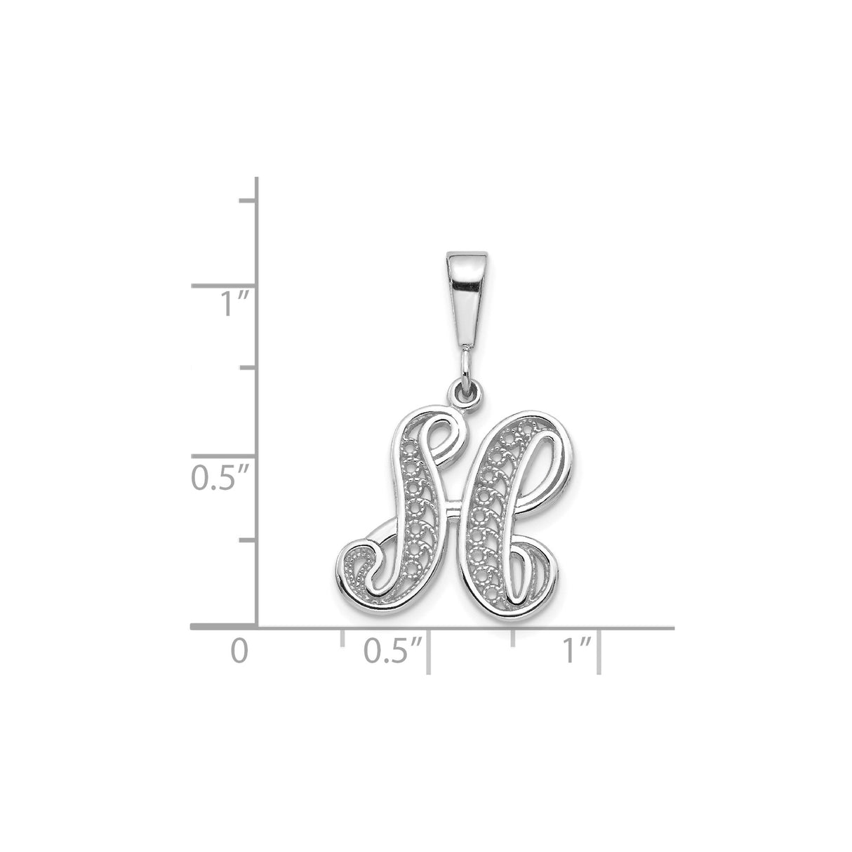 14k White Gold Initial Pendant, Filigree Script Letter H Monogram Charm for Women