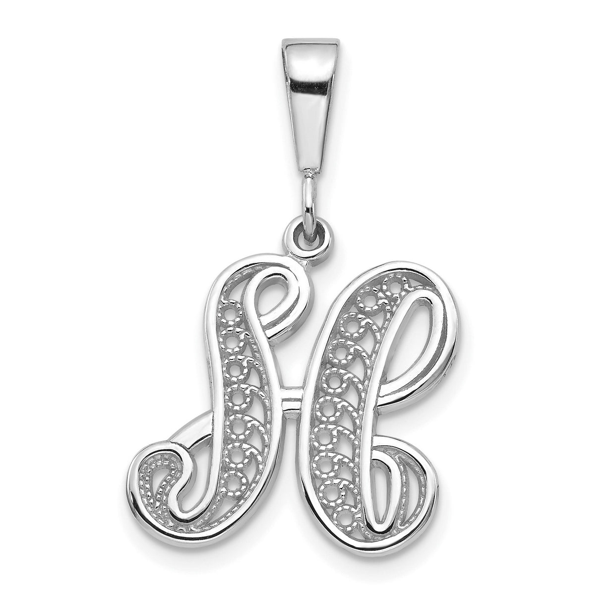 10k White Gold Initial H Pendant, Script Letter Charm with Filigree Design for Women