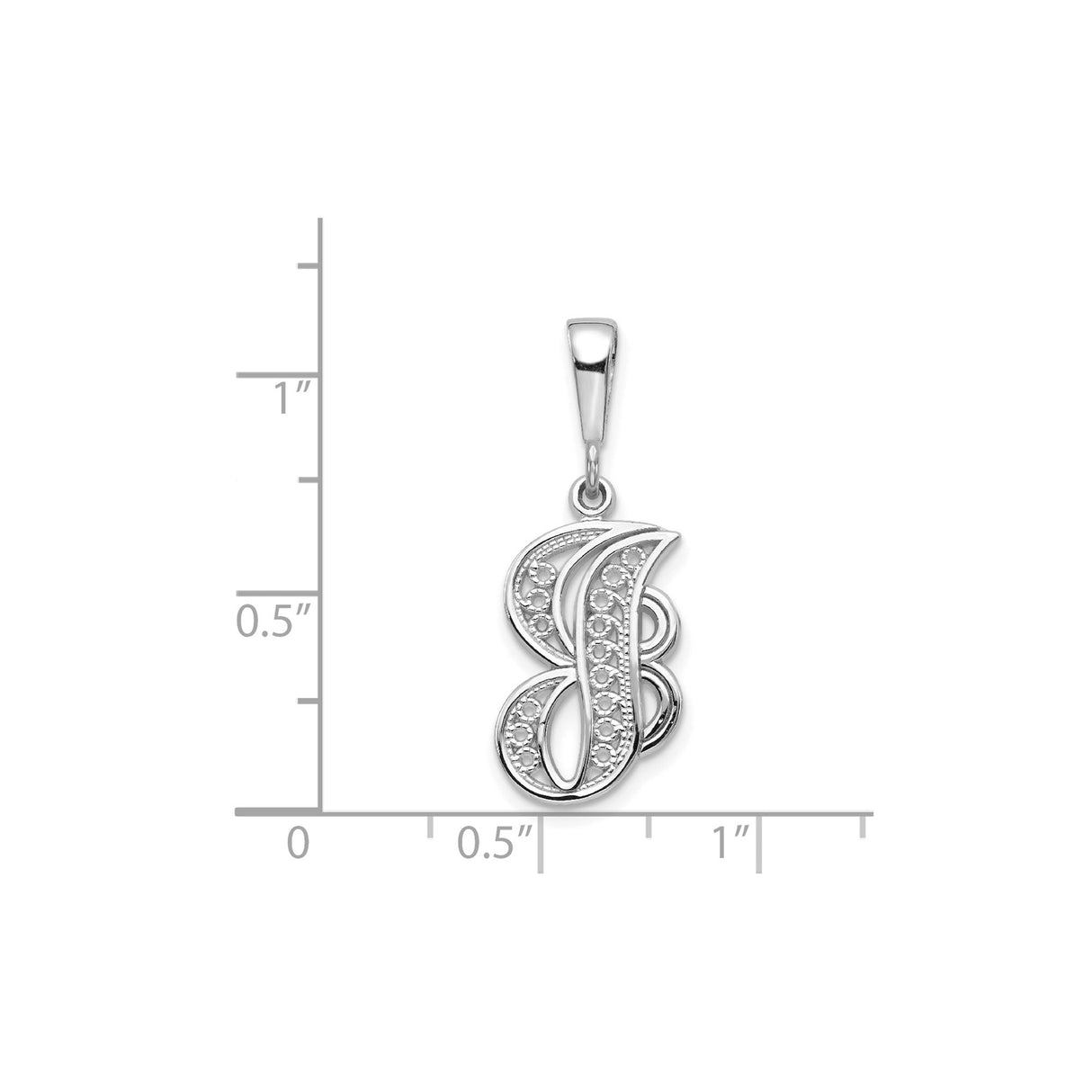 14k White Gold Initial B Pendant with Delicate Beaded Filigree Cursive Design