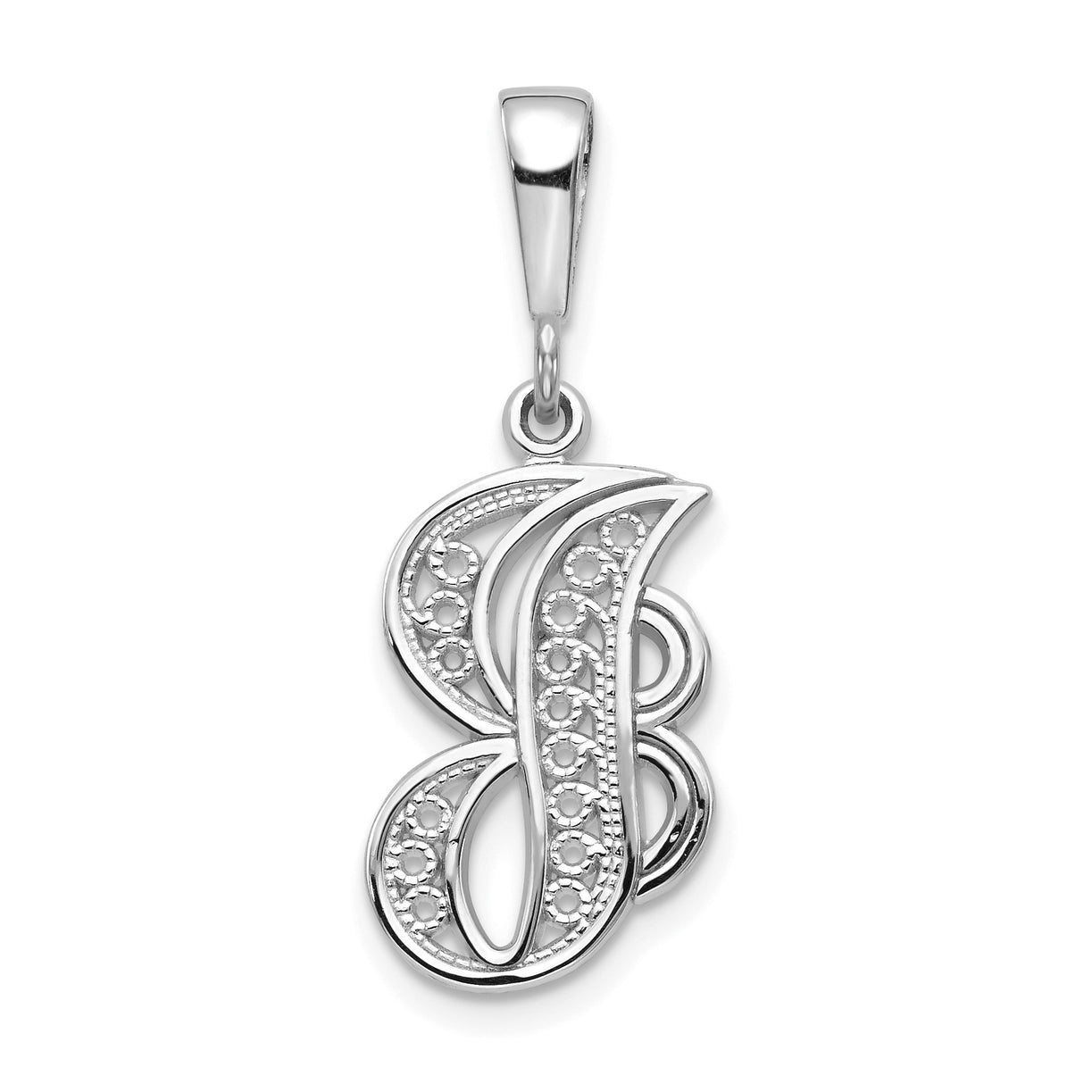 14k White Gold Initial B Pendant with Delicate Beaded Filigree Cursive Design