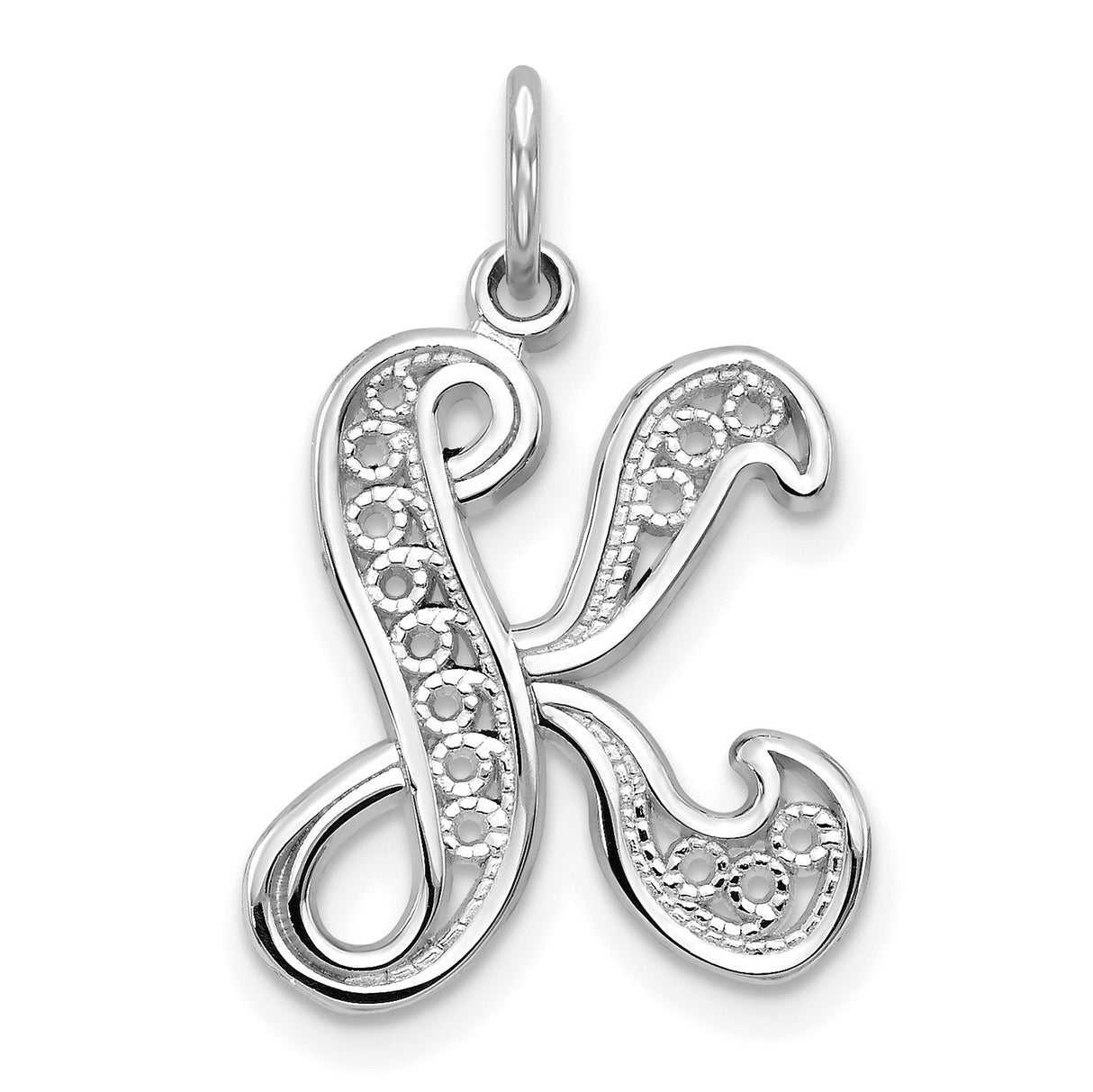 10k White Gold Initial K Pendant with Decorative Filigree Design