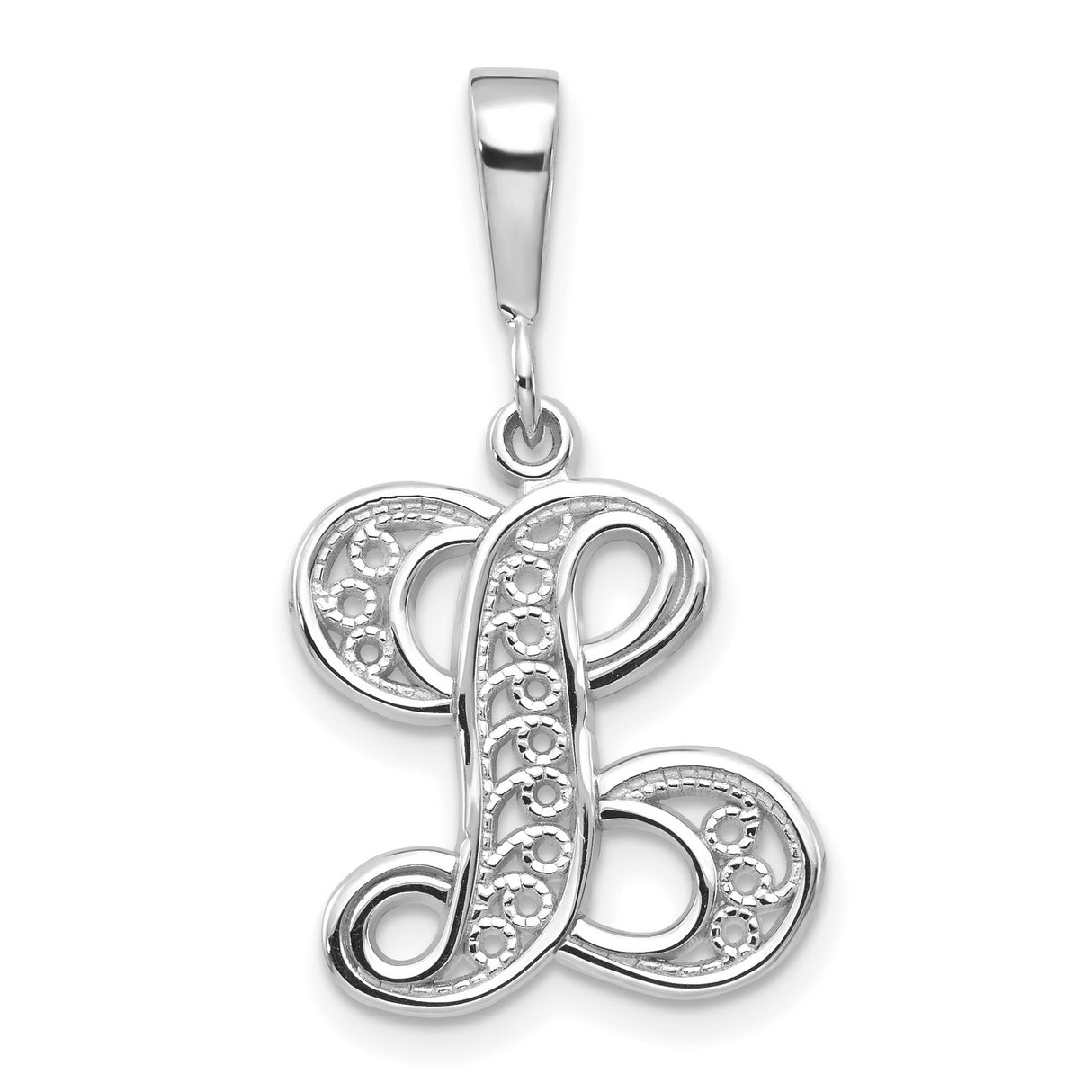 10k White Gold Pendant with Ornate Script Letter L and Filigree Detailing