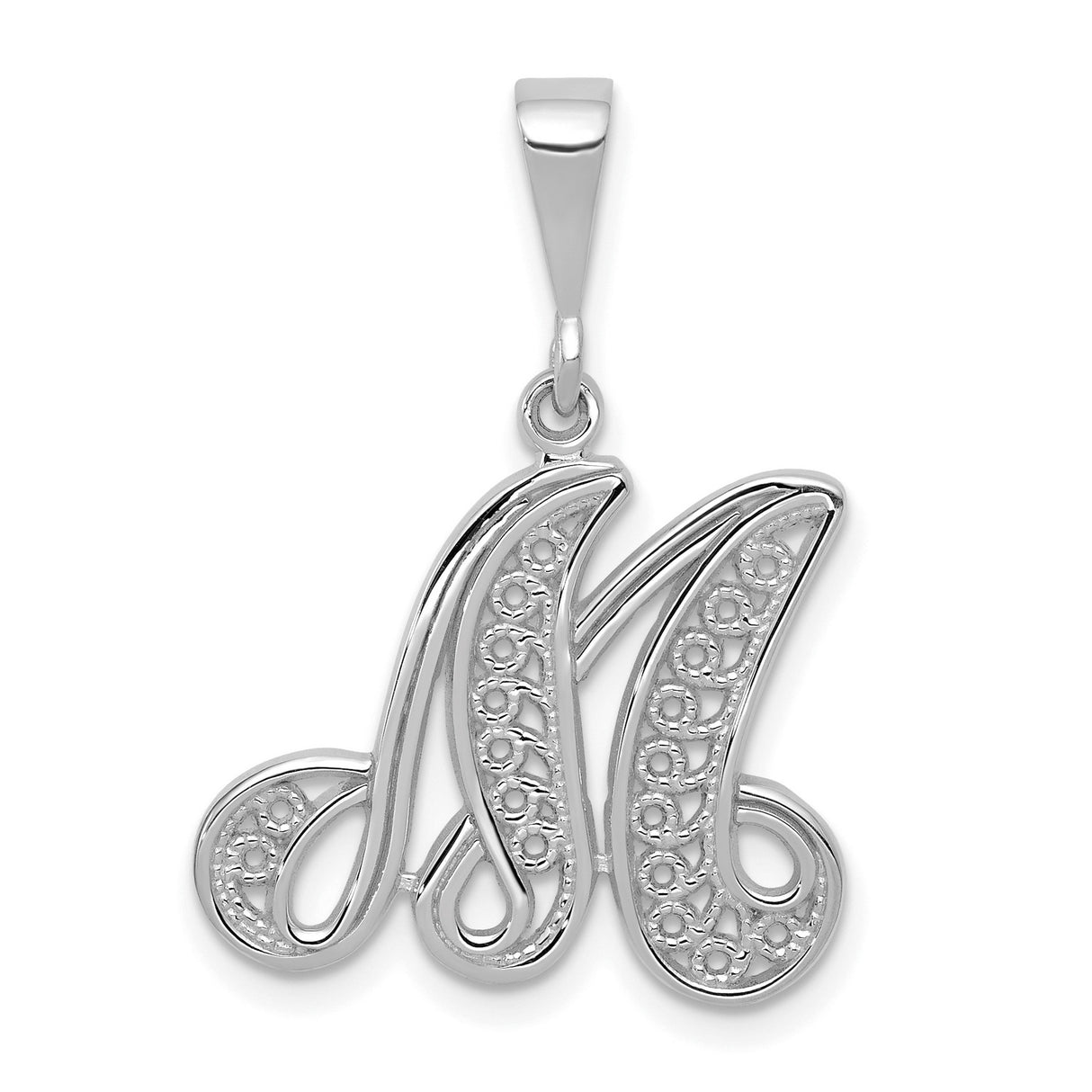 10k White Gold M Pendant, Script Letter Design, Filigree Detailing, Initial Charm for Women