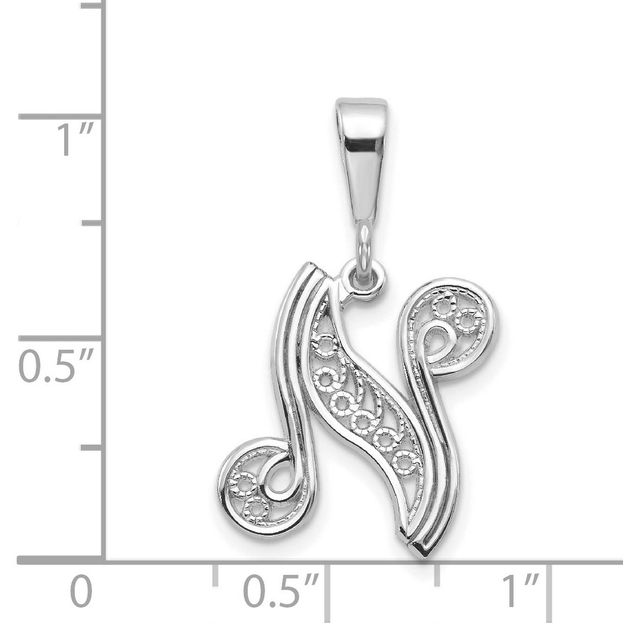 10k White Gold Letter N Pendant with Diamond Cut Detailing and Openwork Filigree Design