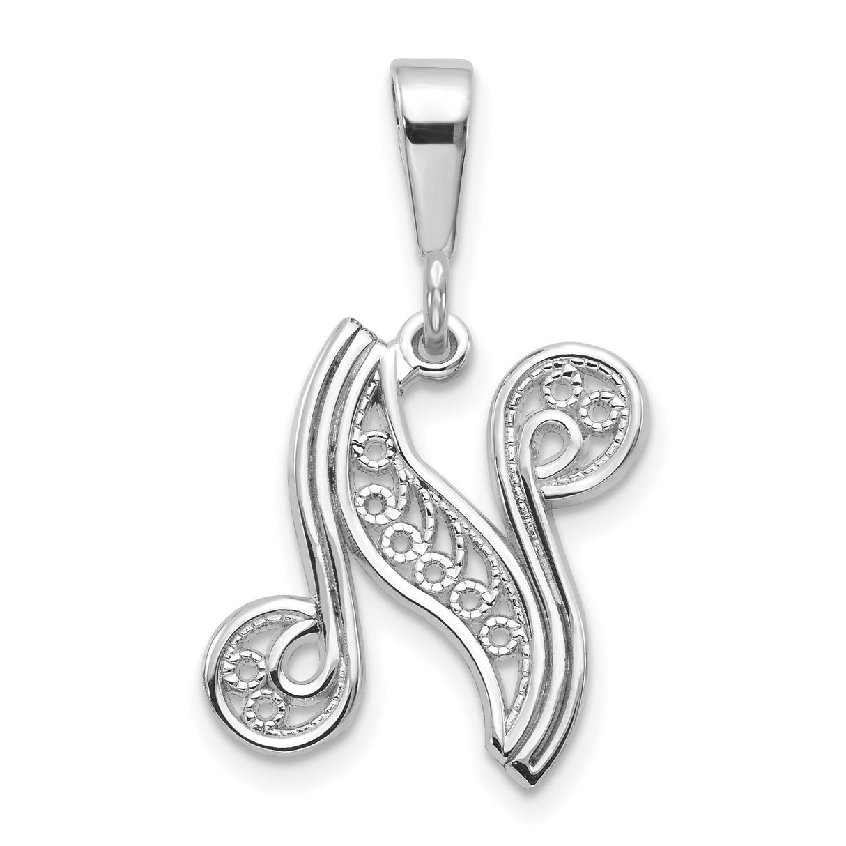 10k White Gold Letter N Pendant with Diamond Cut Detailing and Openwork Filigree Design