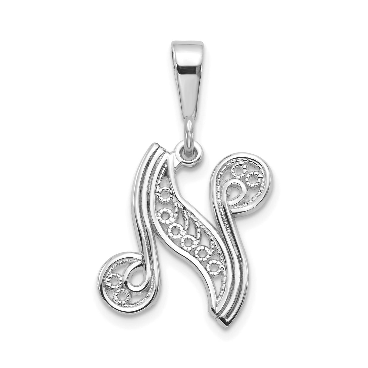 14k White Gold Letter N Pendant with Filigree Scroll Design and Floral Accent