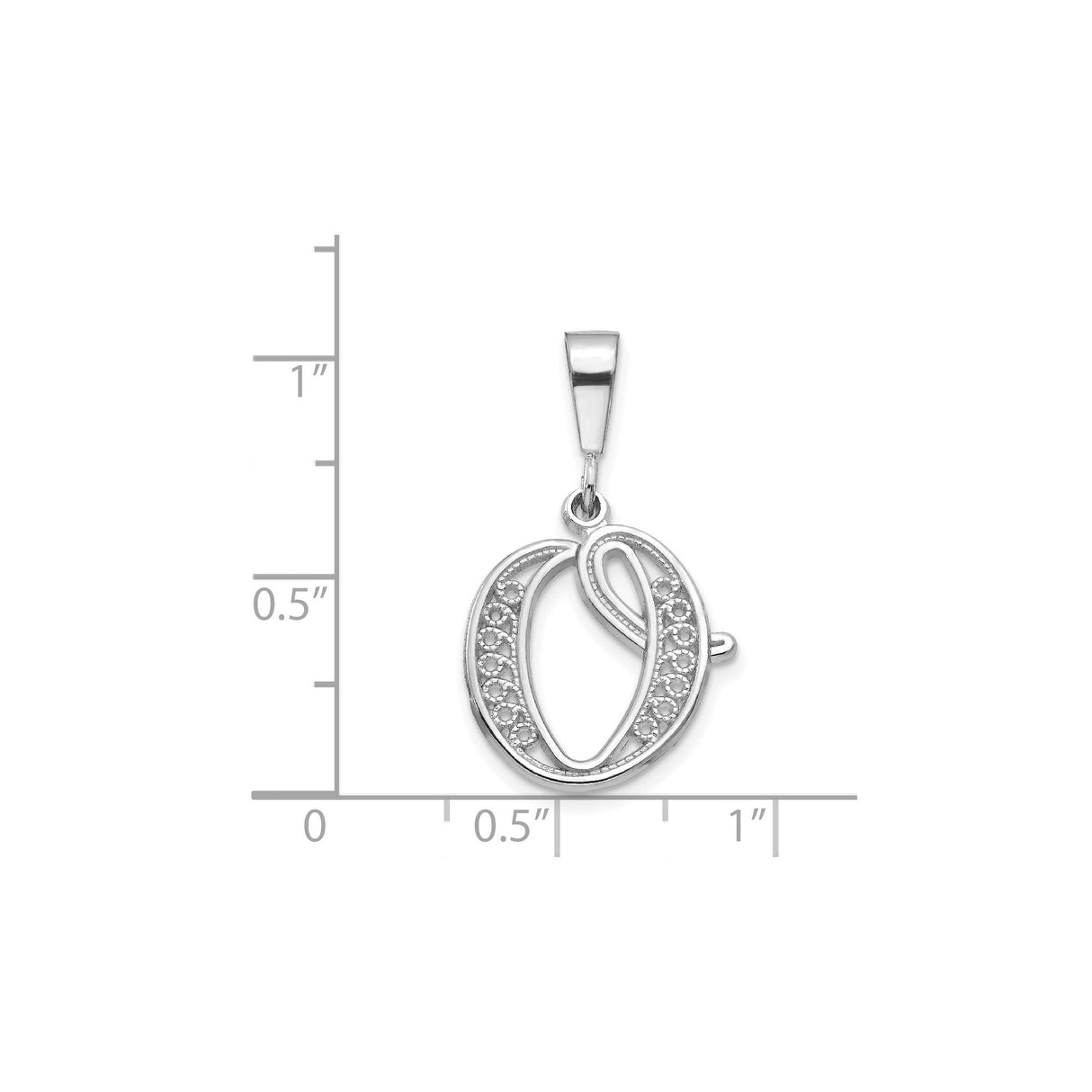 14k White Gold Script O Pendant, Cursive Initial Charm with Textured Detail for Women