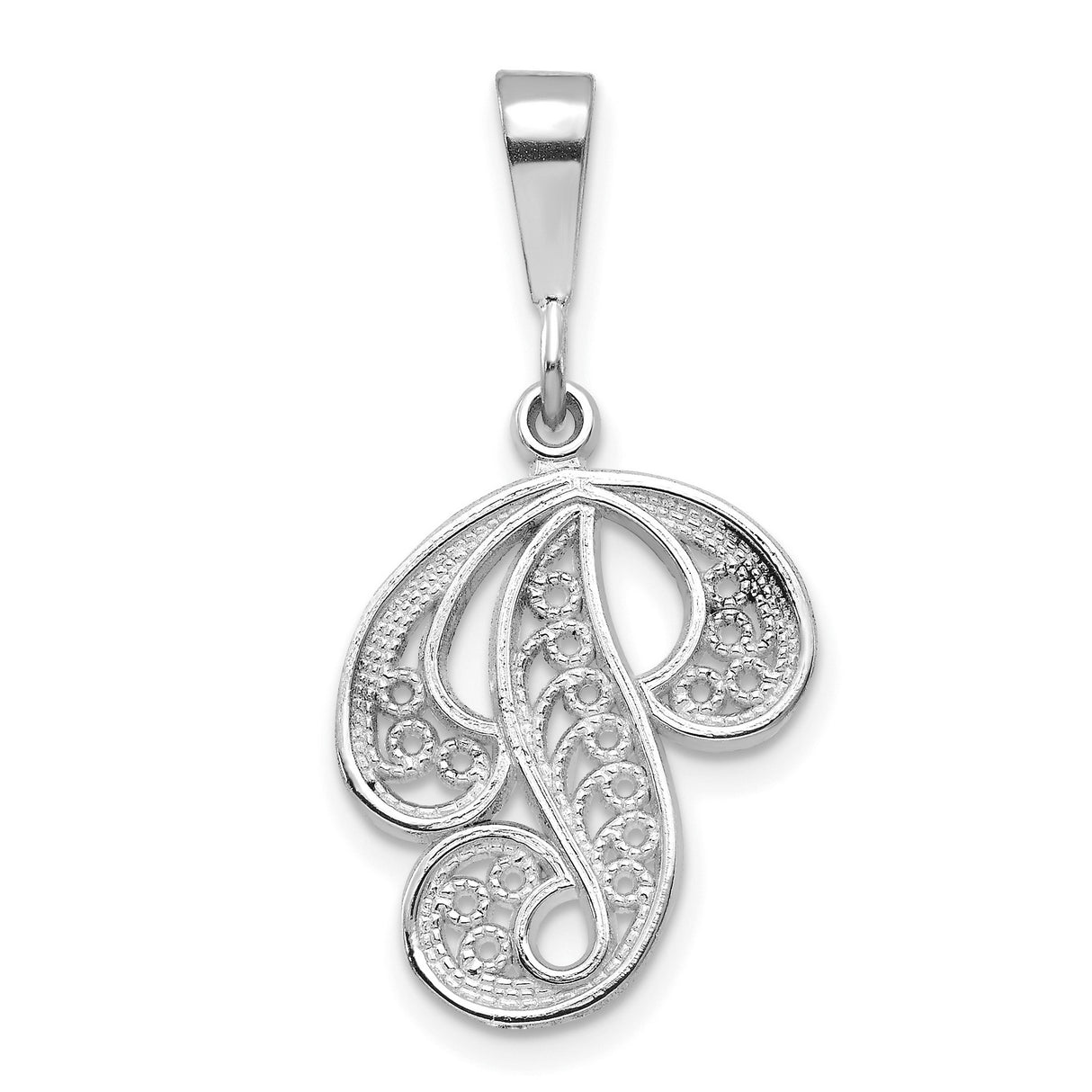 10k White Gold Initial P Pendant, Script Letter Charm with Filigree Design for Women