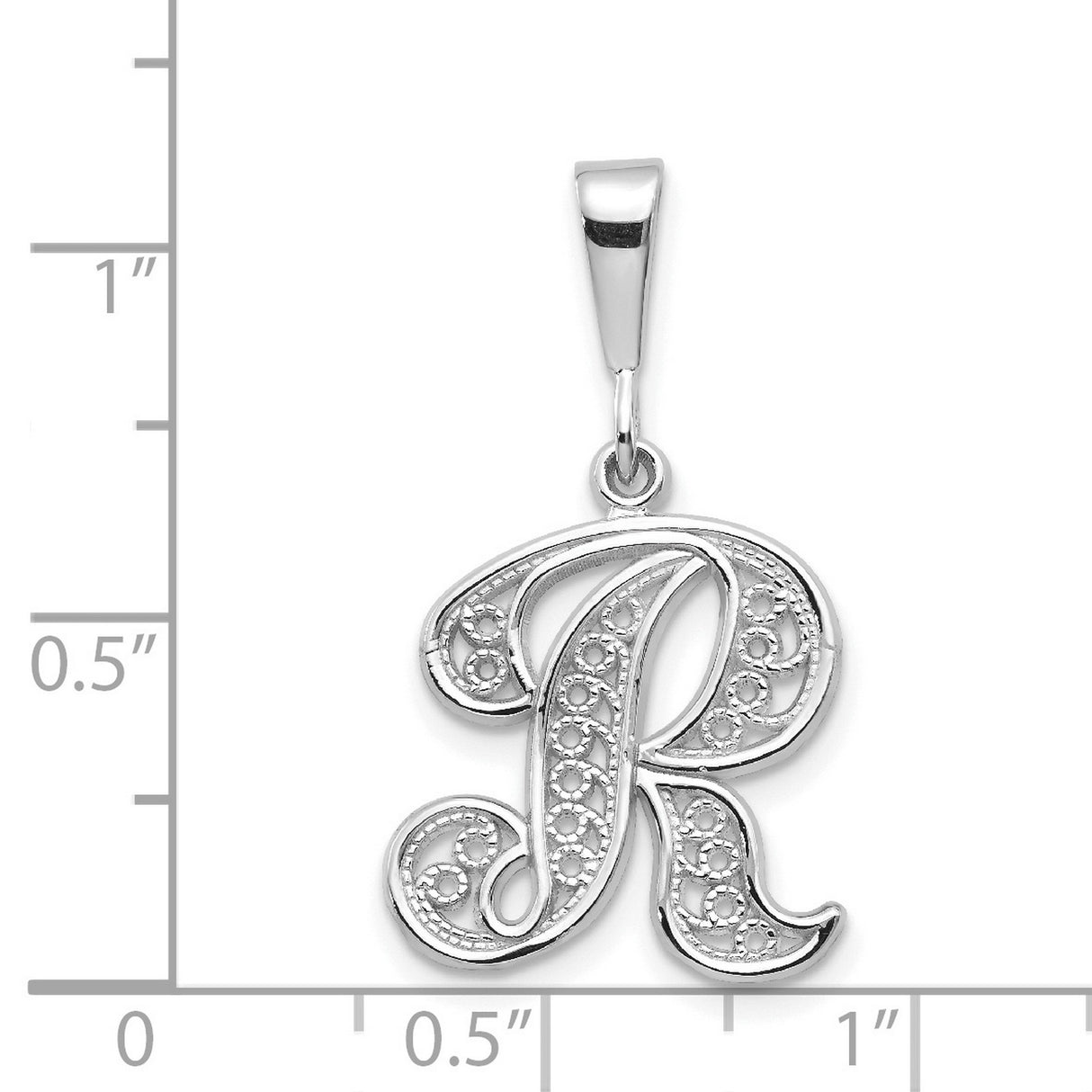 10k White Gold Initial R Pendant, Script Letter Charm with Filigree Detailing for Women