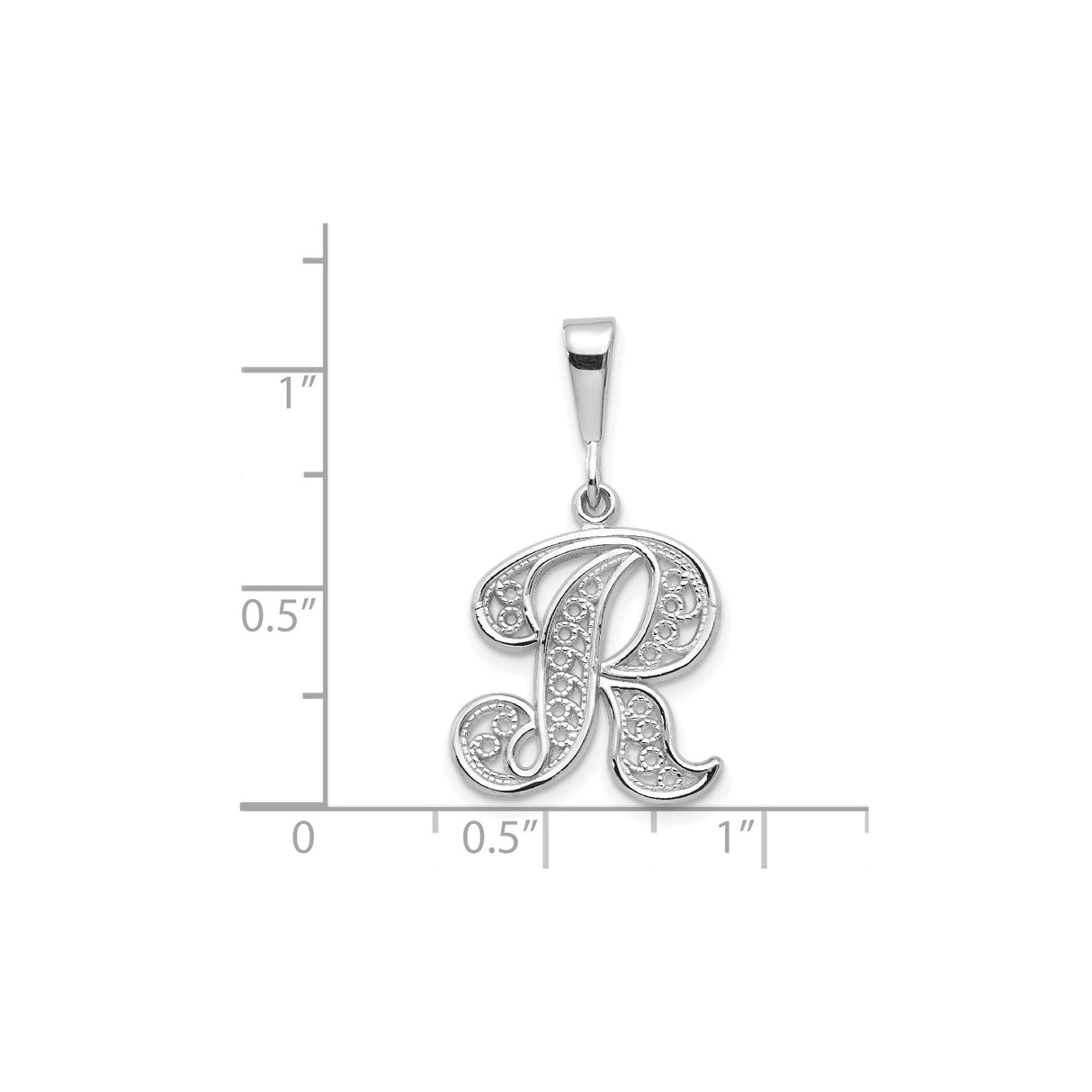 14k White Gold Initial R Pendant with Filigree Detailing, Cursive Letter Charm for Women