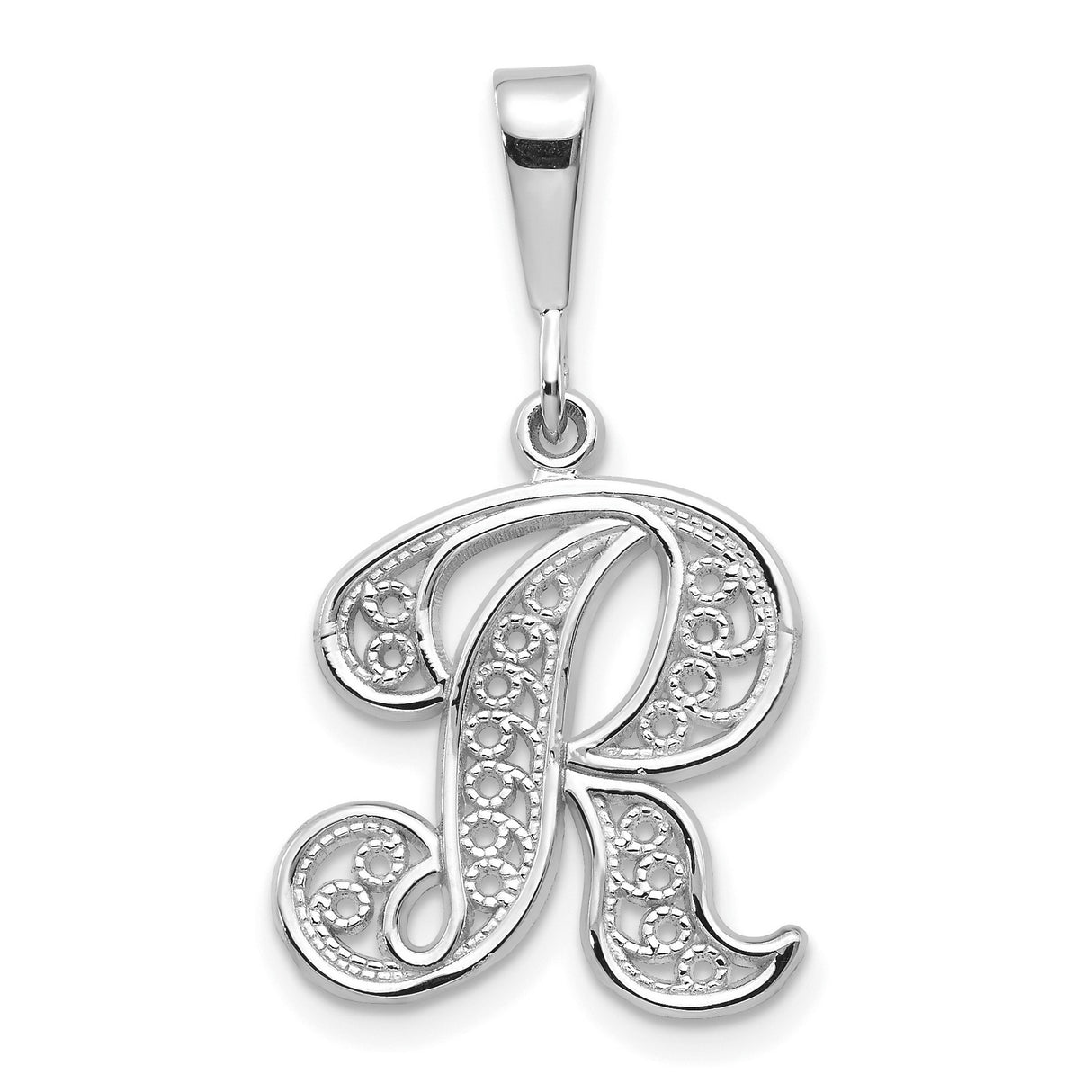 10k White Gold Initial R Pendant, Script Letter Charm with Filigree Detailing for Women