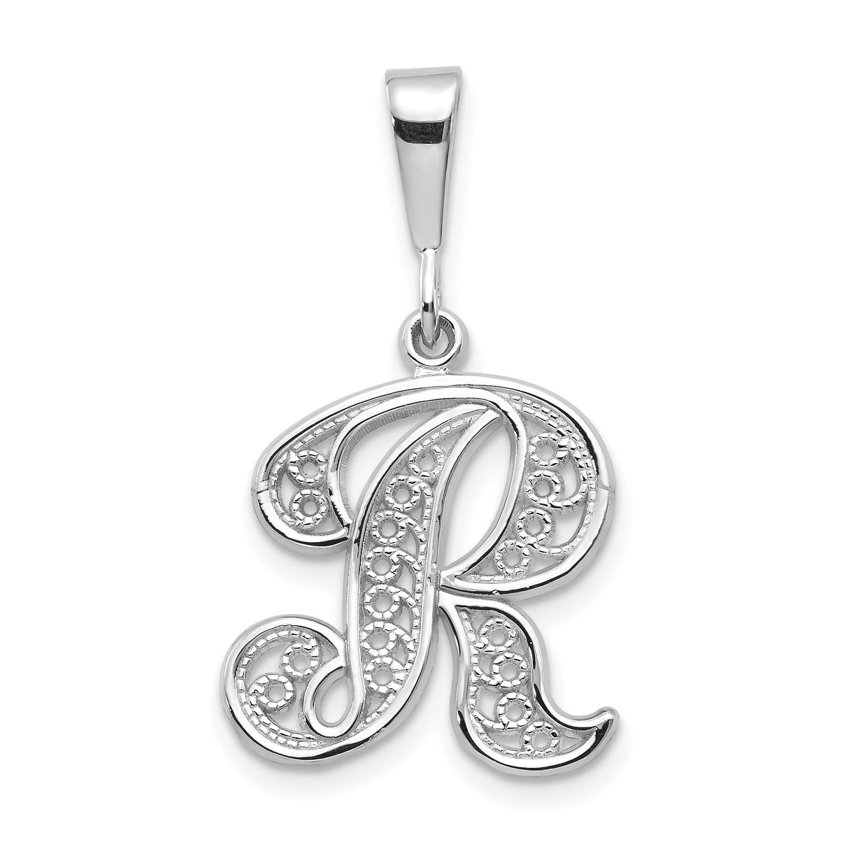 14k White Gold Initial R Pendant with Filigree Detailing, Cursive Letter Charm for Women
