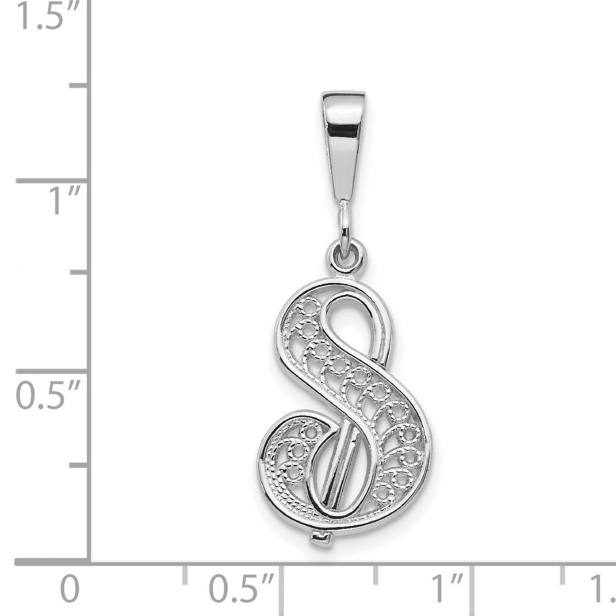 10k White Gold Pendant, Script Letter S with Filigree Detailing for Women or Unisex Wear