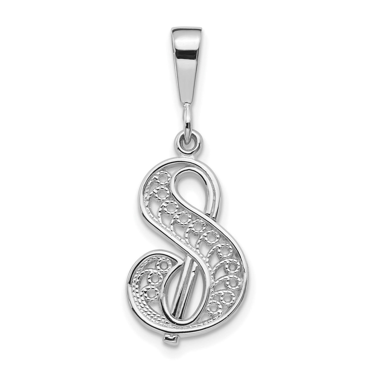 10k White Gold Pendant, Script Letter S with Filigree Detailing for Women or Unisex Wear
