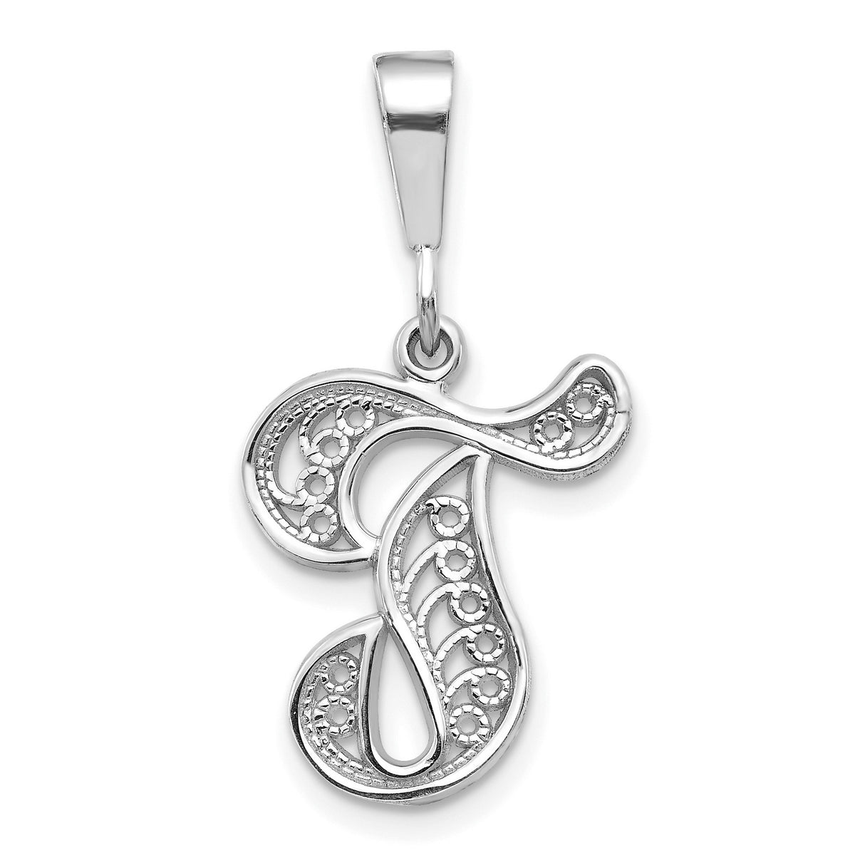 10k White Gold Initial T Pendant, Filigree Letter Charm, Dainty Monogram Jewelry for Women