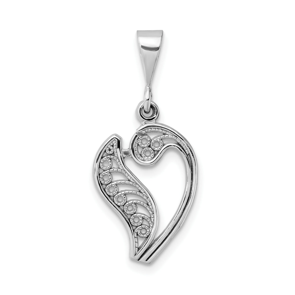 14k White Gold Heart Pendant with Angel Wing Swirl Design, Christian Spiritual Jewelry for Women
