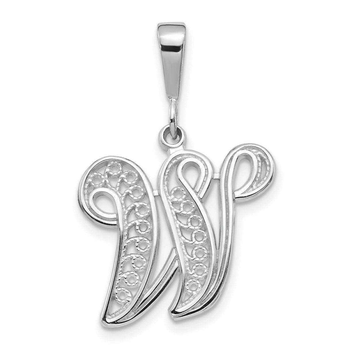 10k White Gold Letter W Pendant with Filigree Detailing, Script Initial Charm for Women