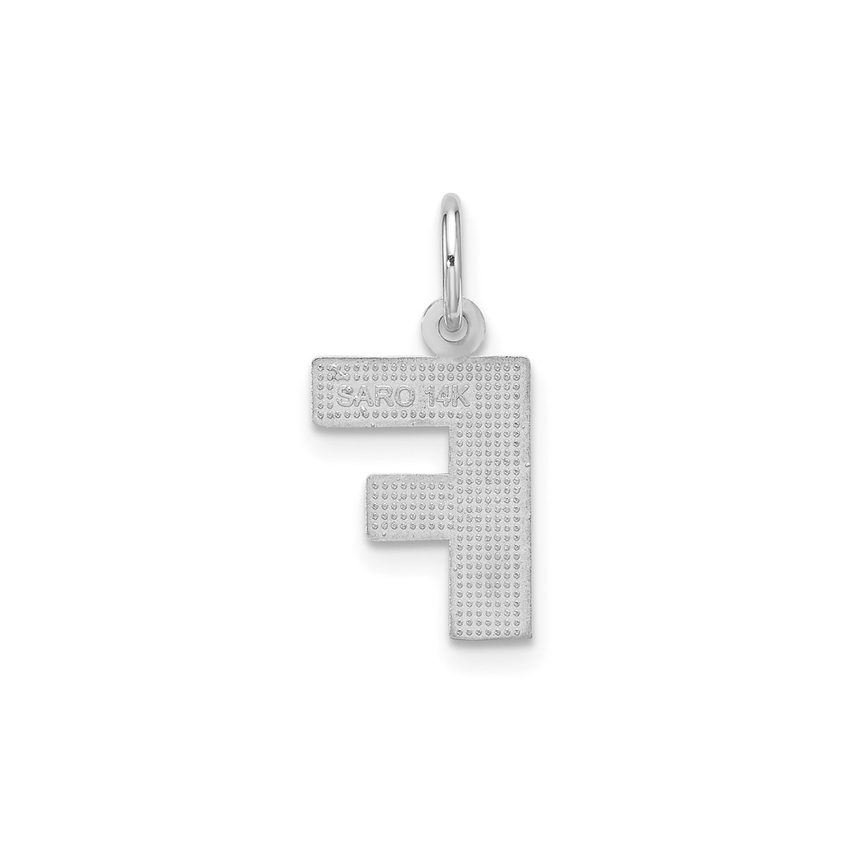 14k White Gold Letter F Pendant Charm, Polished Block Initial with Textured Cut Accents
