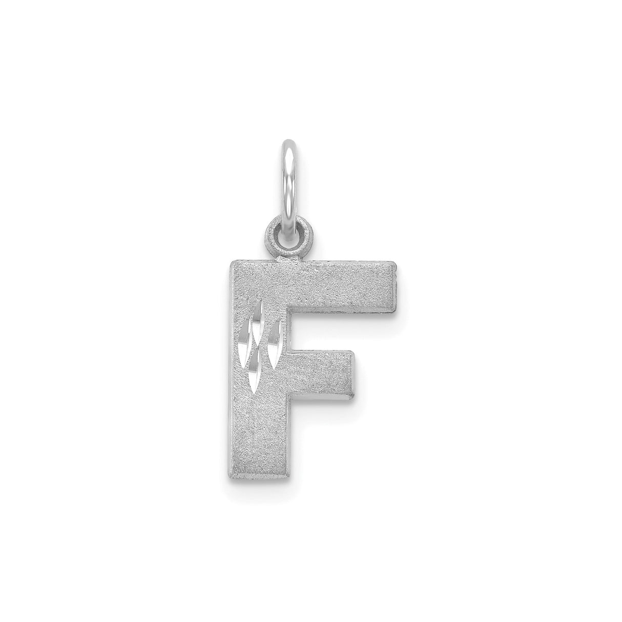 14k White Gold Letter F Pendant Charm, Polished Block Initial with Textured Cut Accents