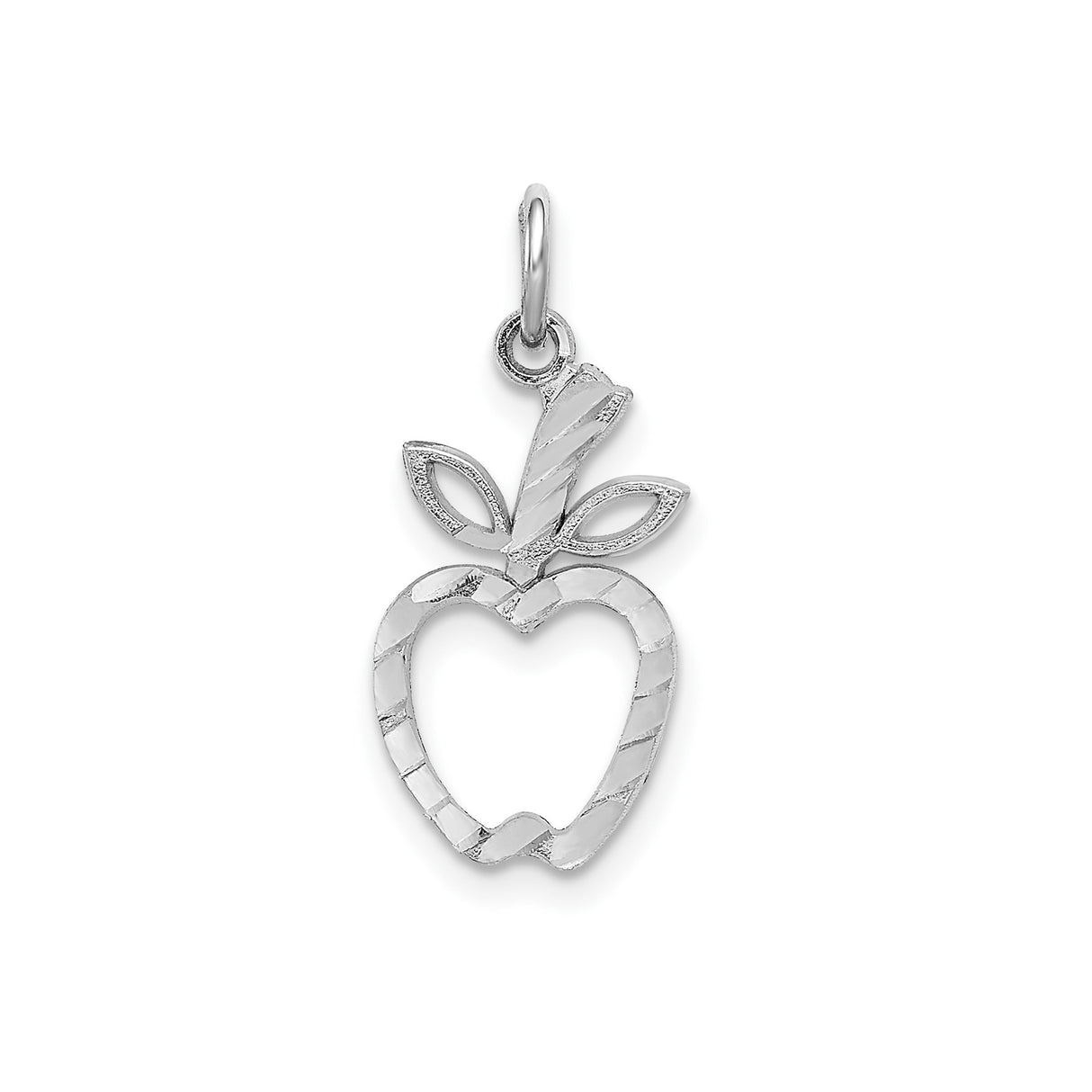 14k White Gold Apple Shaped Pendant with Cutout and Leaf Detail, Knowledge Symbol Charm