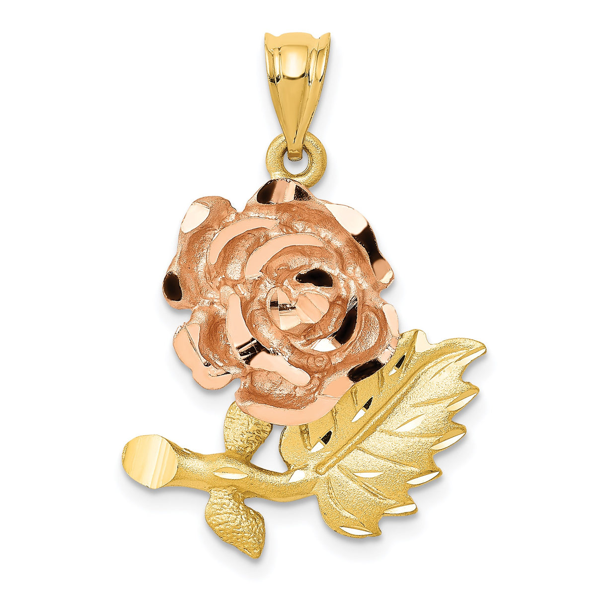 14k Two-Tone Gold Rose Flower Pendant with Yellow Gold Stem and Rose Gold Petals