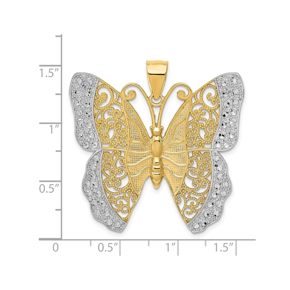 14k Two-Tone Gold Butterfly Pendant with Diamond-Cut Accents and Filigree Design