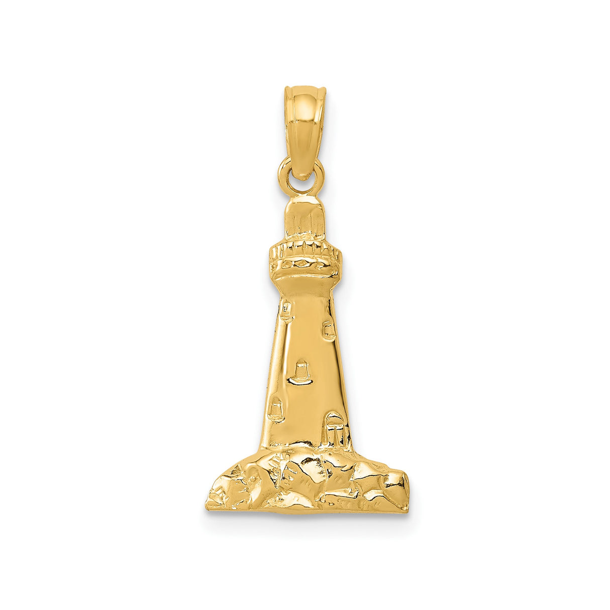 14k Yellow Gold Lighthouse Pendant with Rocky Base and Windows, Nautical Charm