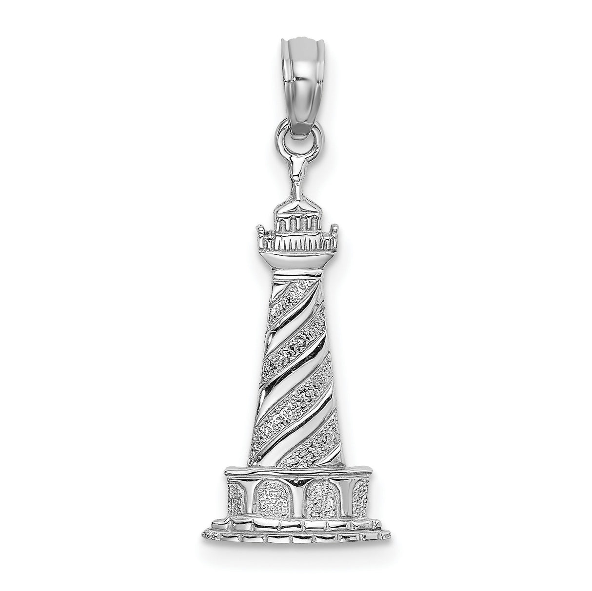 14k White Gold Lighthouse Pendant with Textured Spiral Design, Nautical Coastal Theme