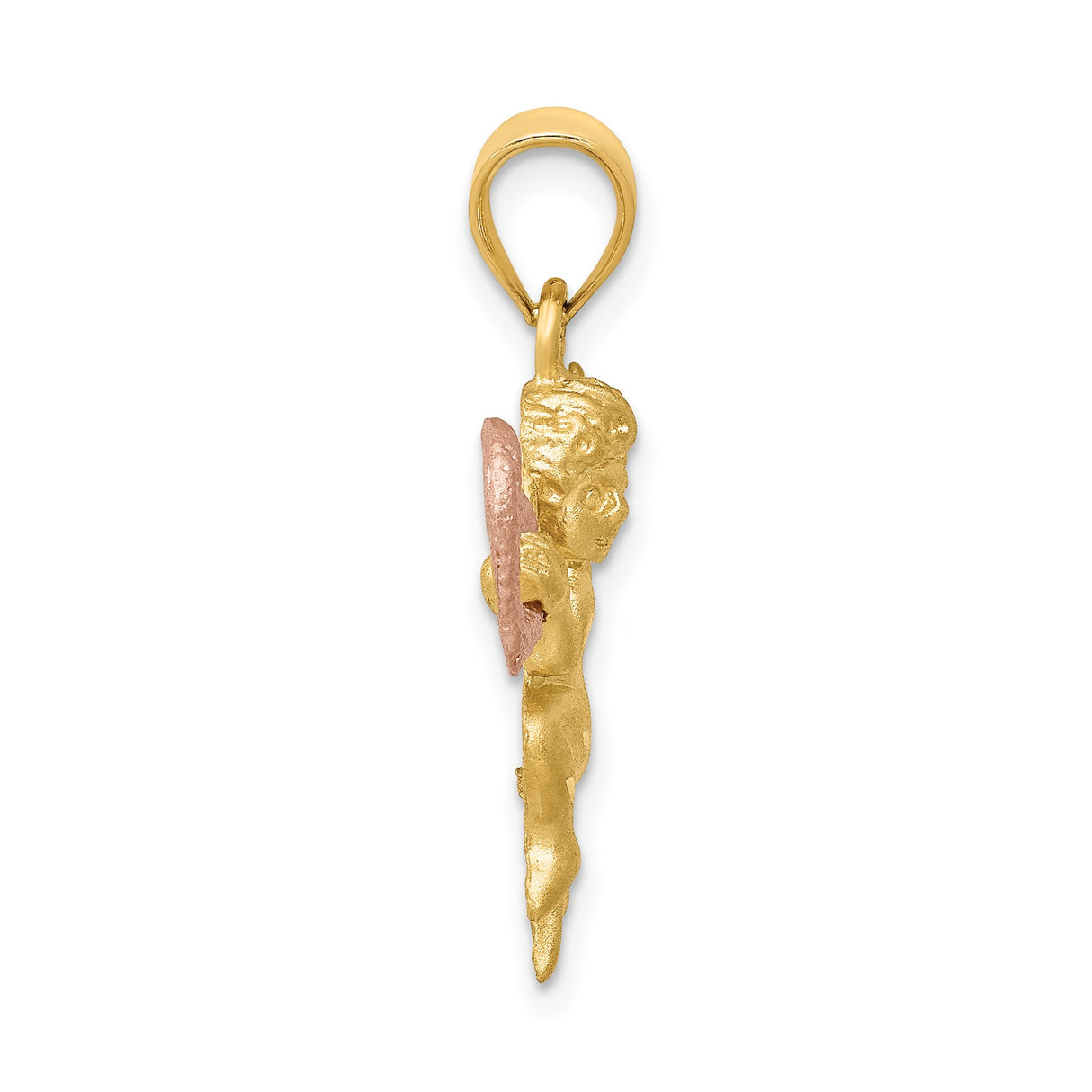 14k Two-Tone Gold Angel Pendant with Cherub Holding Rose Gold Heart, Satin Finish